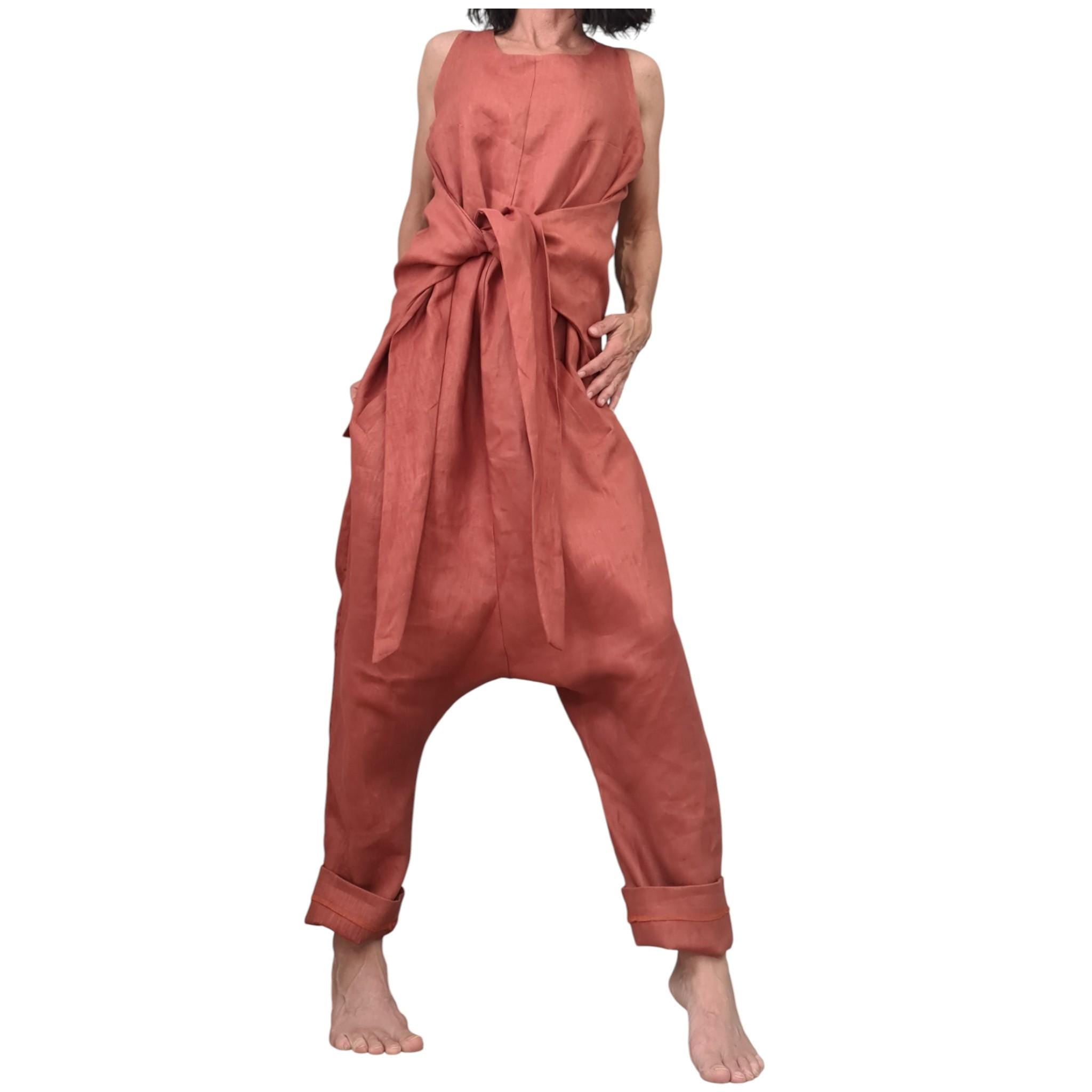 Terracotta Linen Jumpsuit, Asymmetric Harem Overall, Wide Leg Sleeveless Jumpsuit, Oversized Clothing for Women