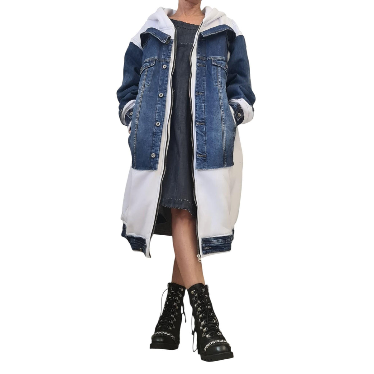 Purple Avant Garde Denim Hoodie, Oversized Cotton Sweatshirt, Designer Streetwear for Women