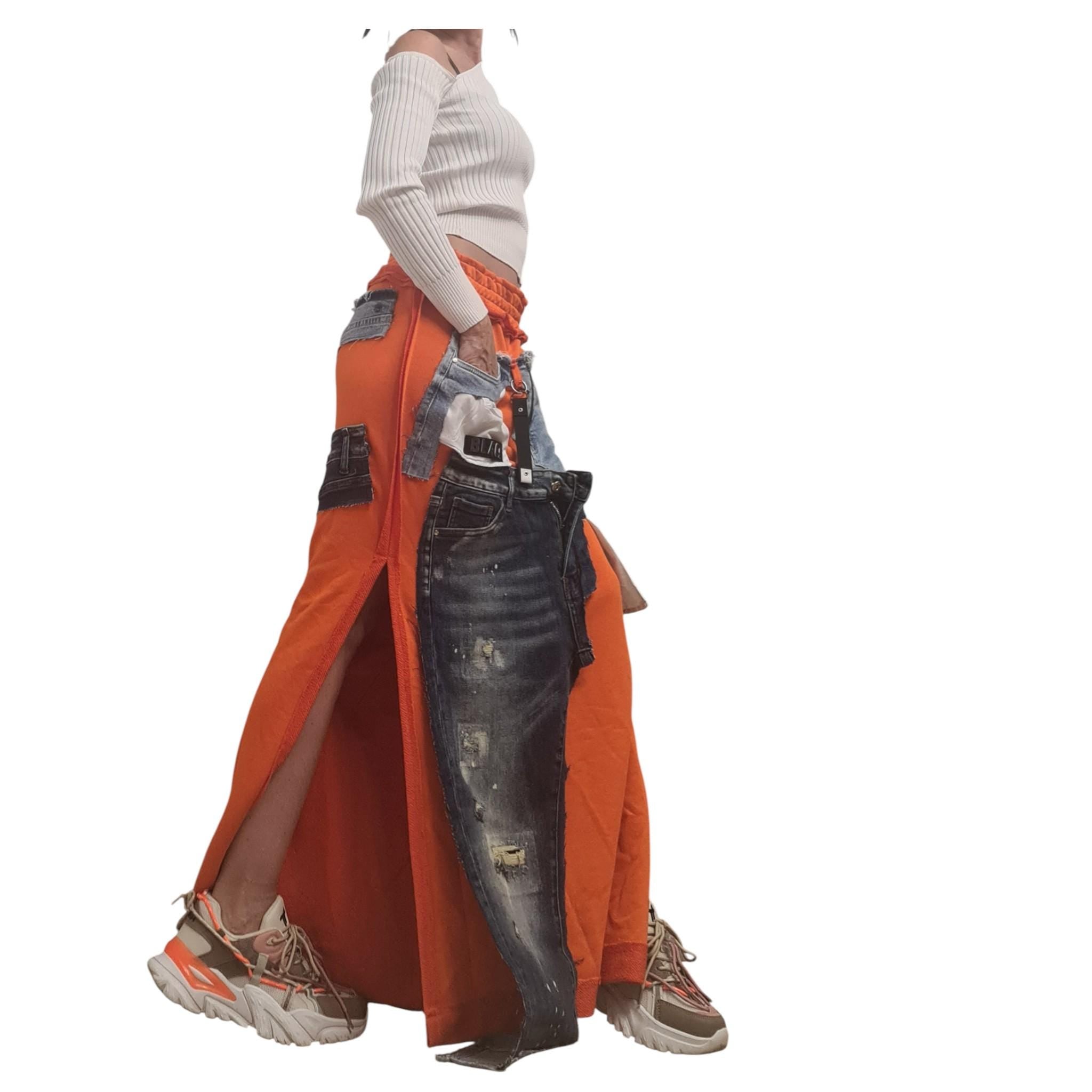 White Maxi Skirt, Cotton with Denim Details, Asymmetric Design with External Seams