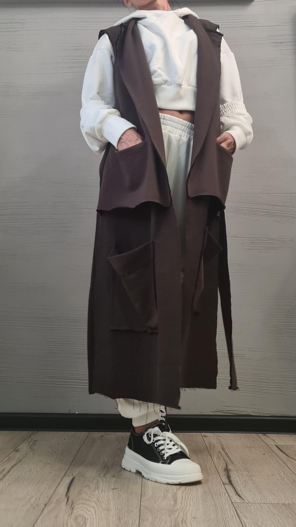 Brown Asymmetric Cotton Vest, Short Back and Long Front, Oversized Patch Pockets, Plus Size