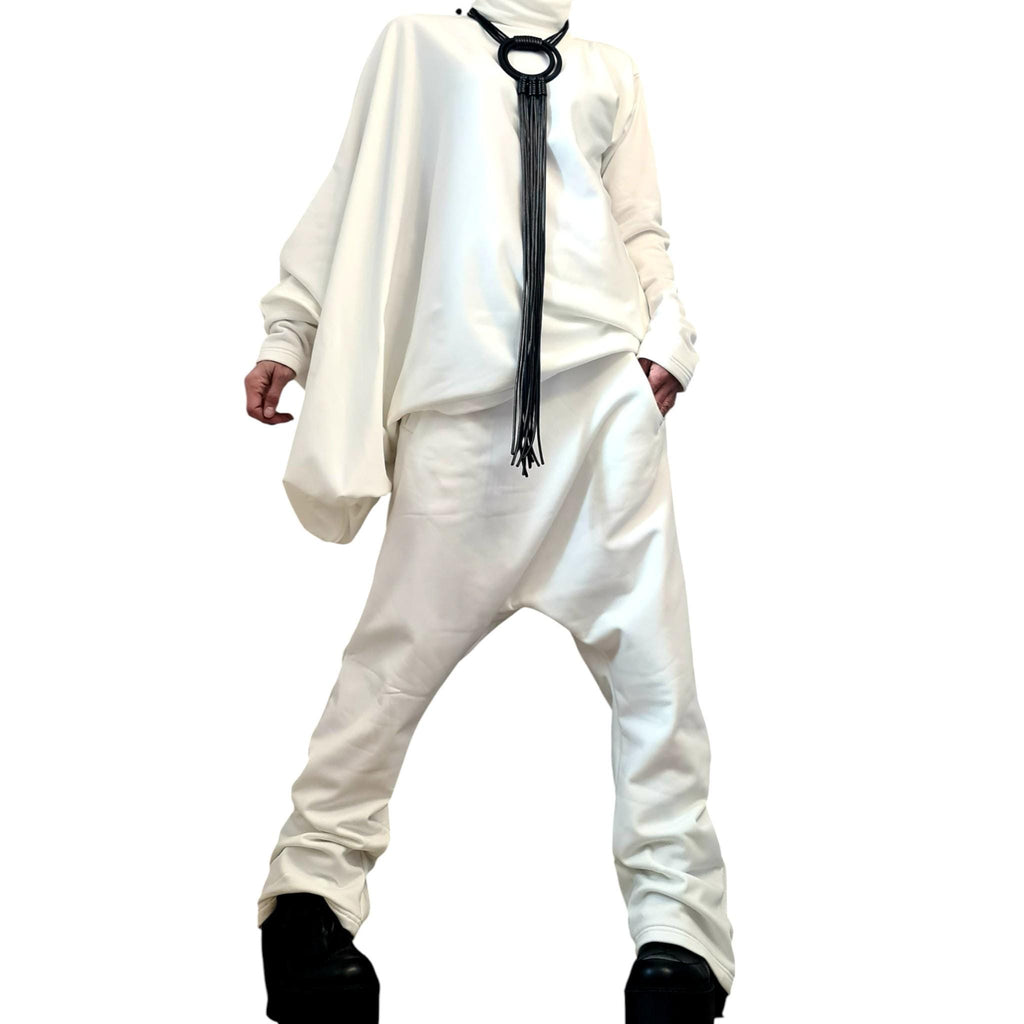 White Cotton Drop Crotch Harem Pants, Oversized Asymmetrical Batwing Turtleneck Top, Two-Piece Co-Ord Set