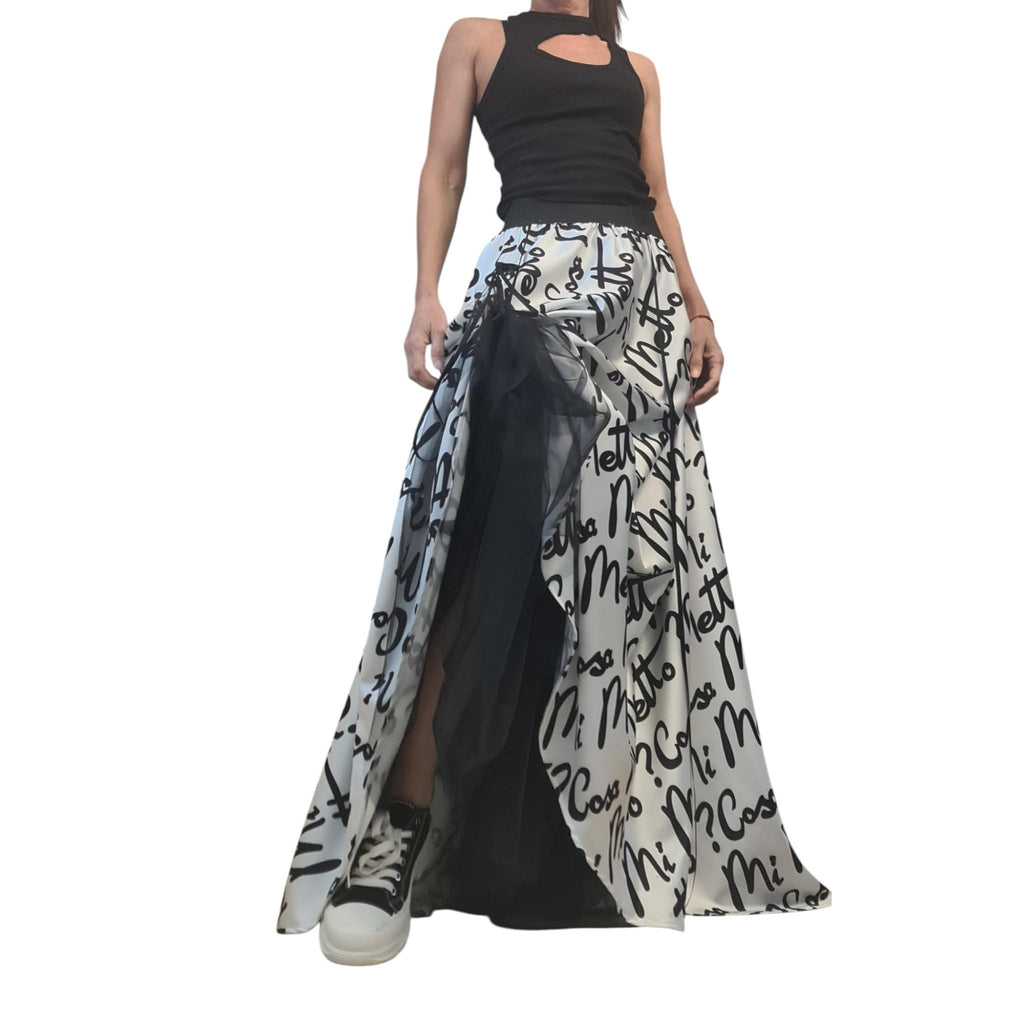 Avant Garde Script Print Maxi Dress, Transformable Cotton Satin Skirt