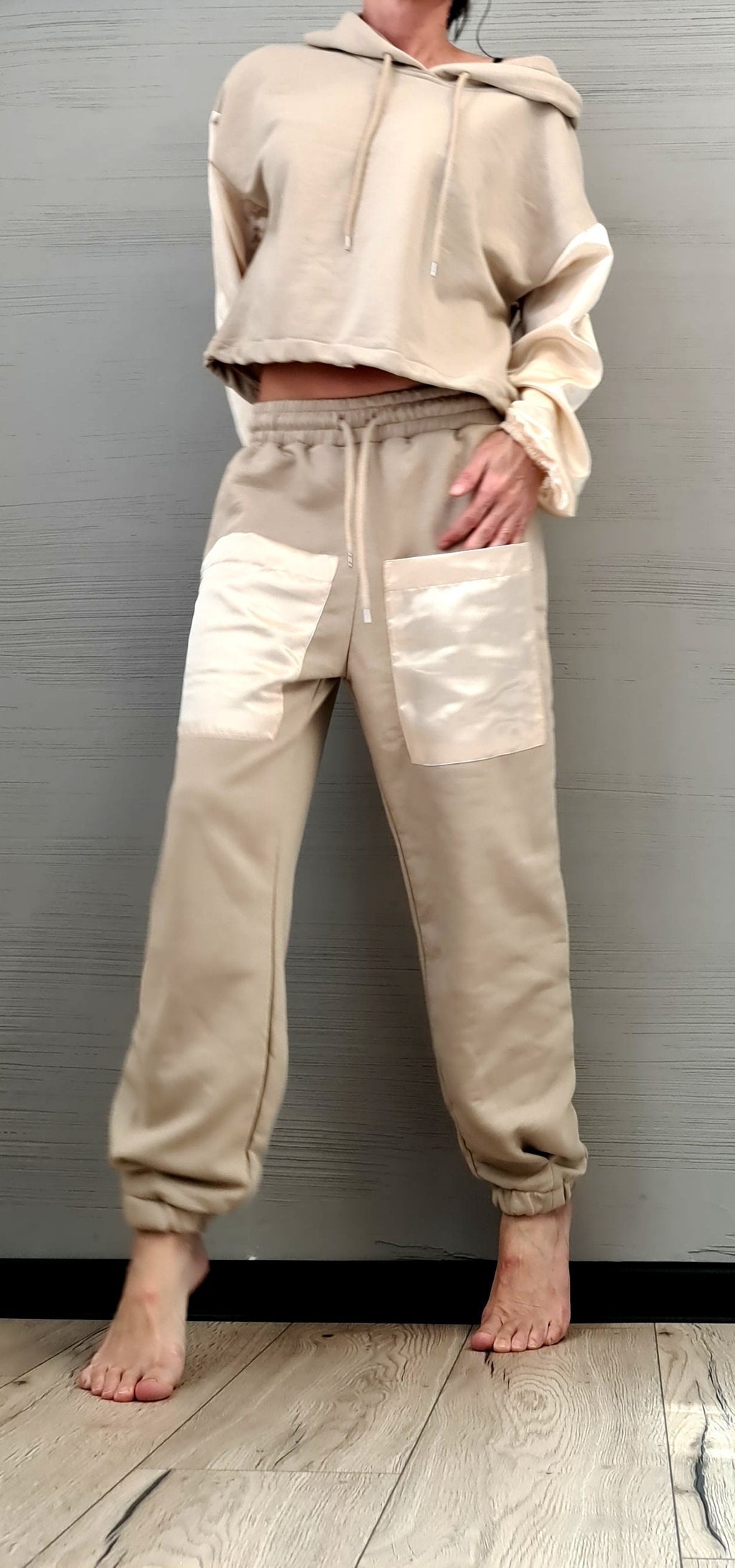 Beige Cotton Jogger Pants, Satin Patch Pockets, Oversized Off Shoulder Hoodie, Two-Piece Co-Ord Set