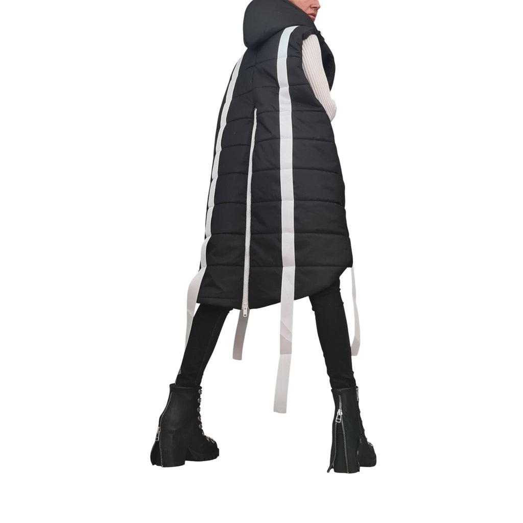 Black Oversized Hooded Puffer Vest, White Stripes and Back Zip, Plus Size Coat