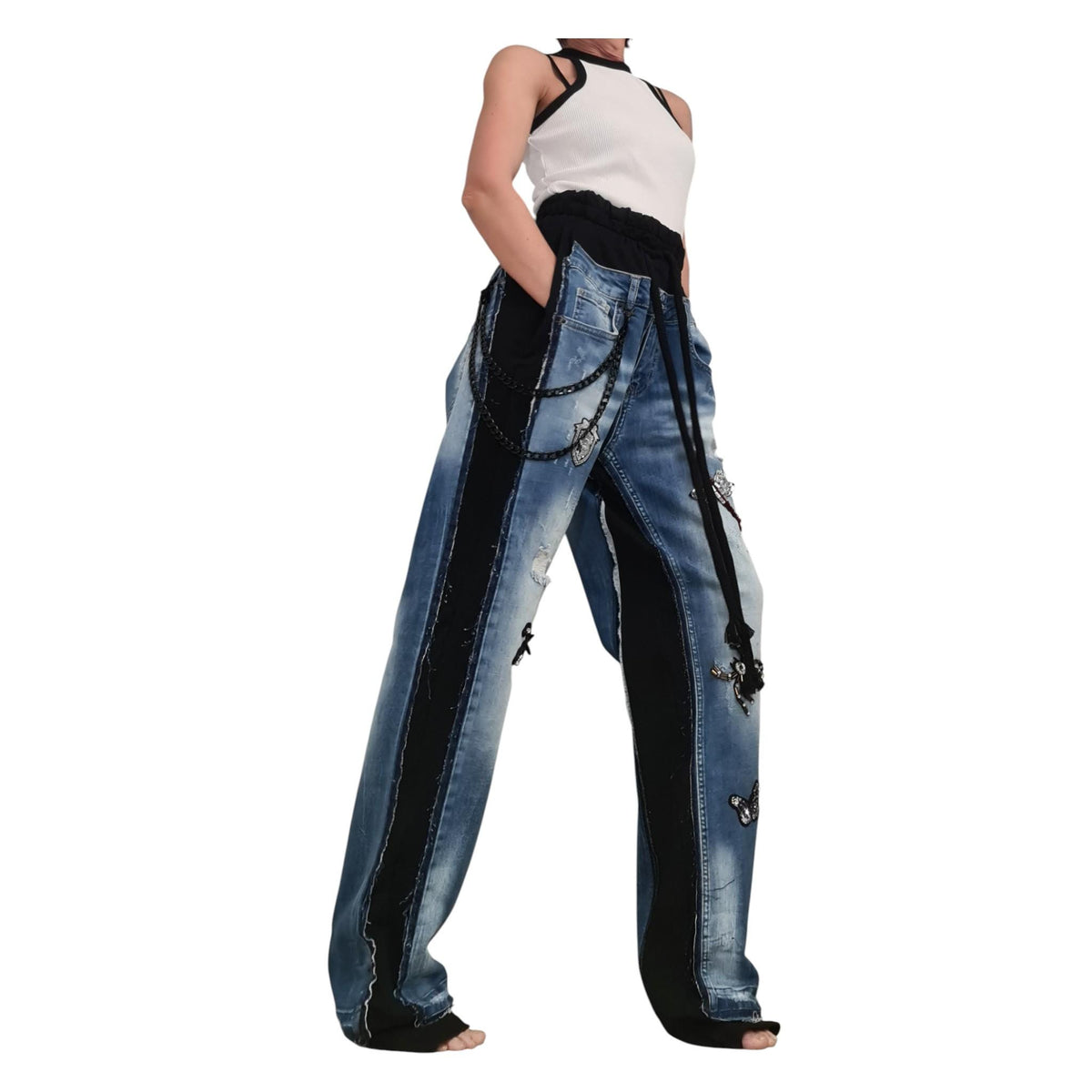 Deconstructed Denim Pants Women Wide Leg Streetwear Hip Hop Style Designer Trousers