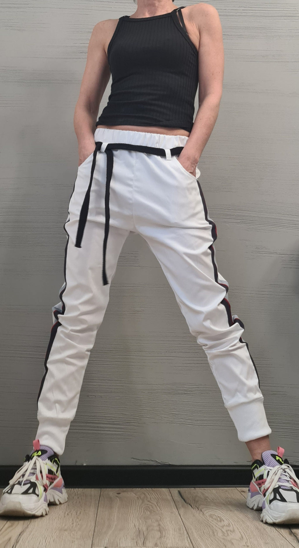 Black Cotton Drop Crotch Pants, Tapered Leg, Slim Fit