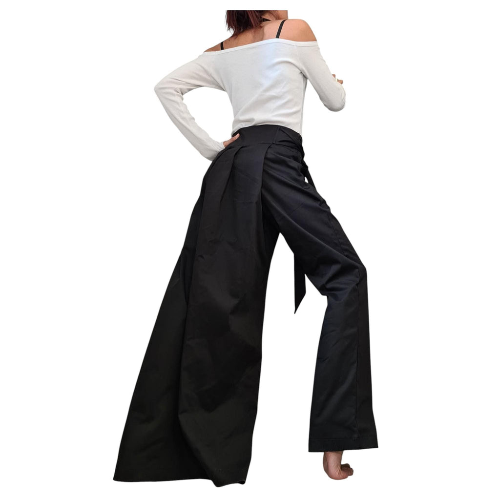 Avant Garde Asymmetric Wide Leg Pants, Black Wrap Front Trousers