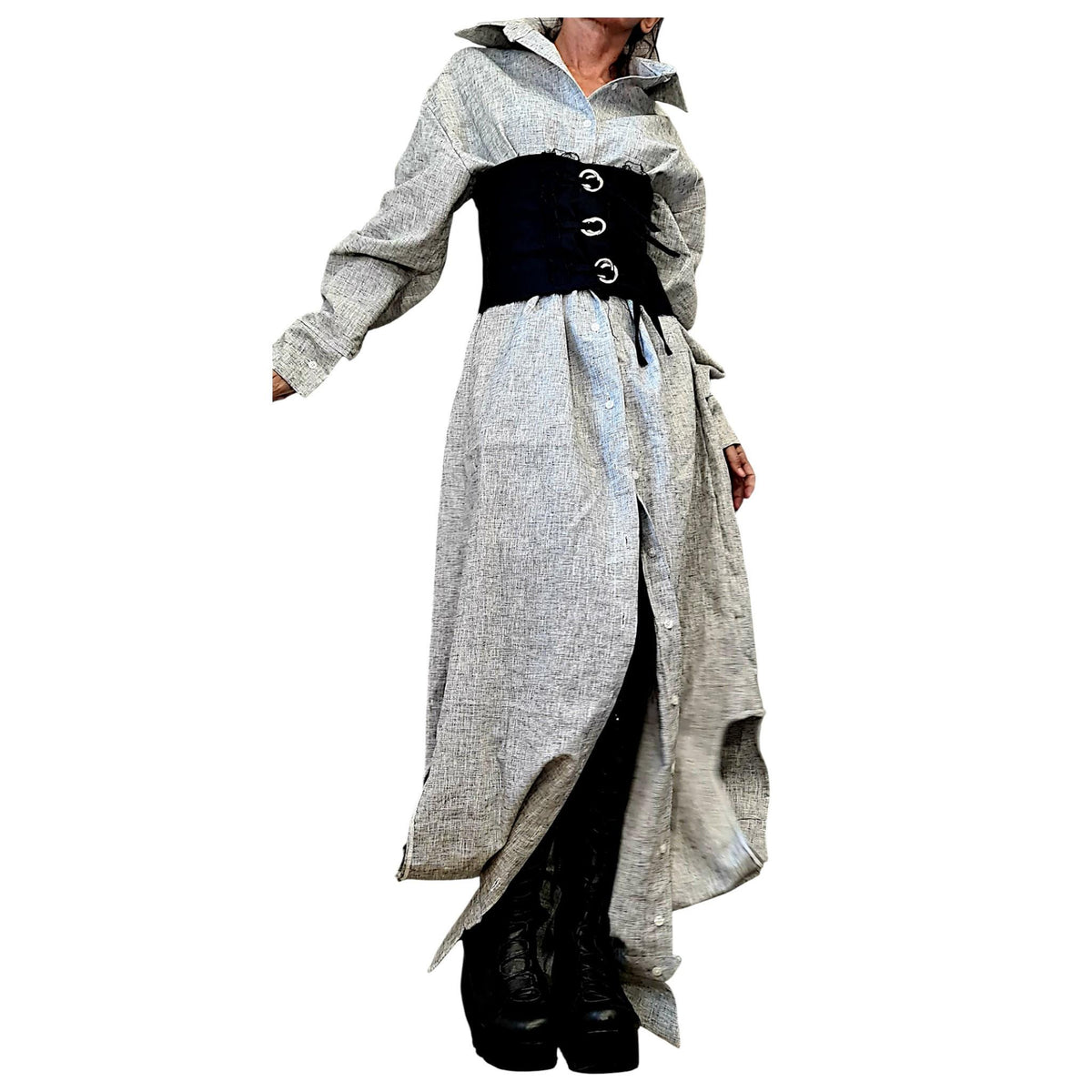 Grey Linen Tunic with Corset, Transformable Shirt Dress, Asymmetric Oversized Kaftan
