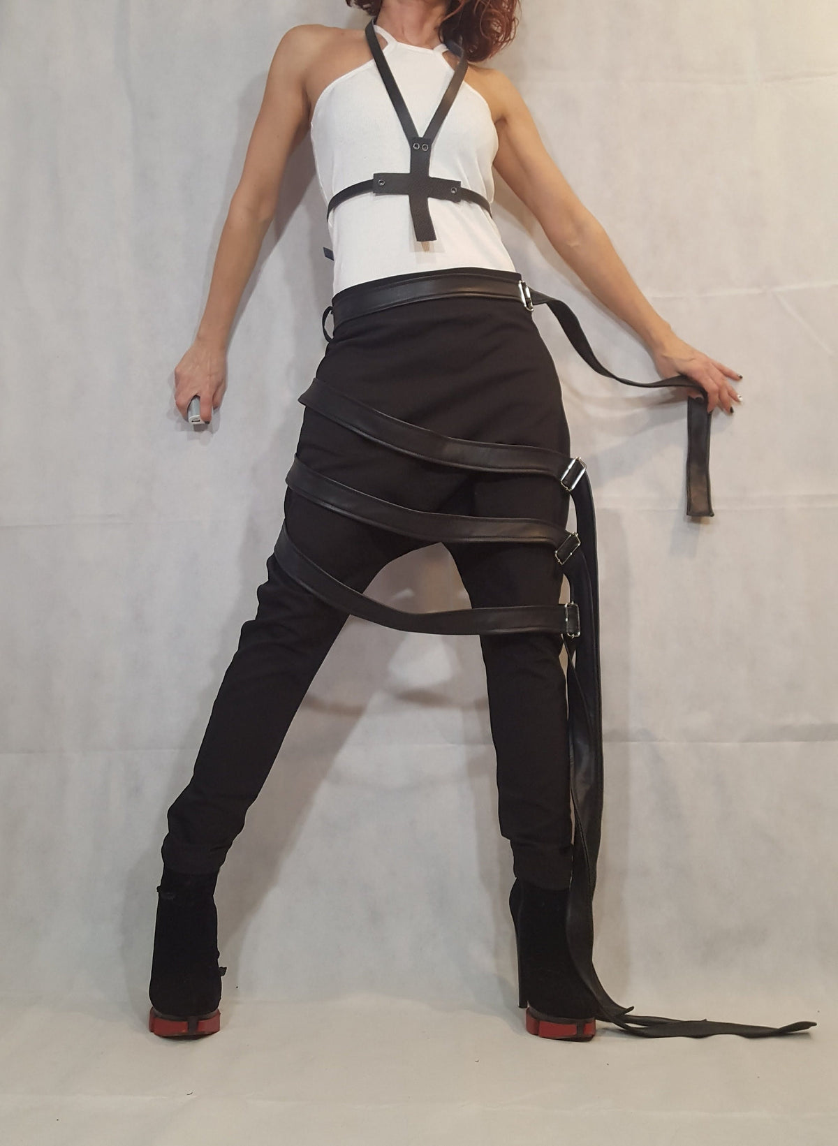 Black Drop Crotch Pants, Leather Belt Straps, Buckle Details, Slim Leg