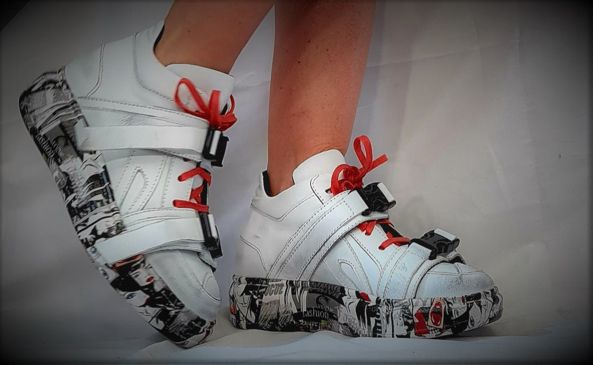 White Leather Sneakers, Grunge Trainers, Colored Sole Women Shoes