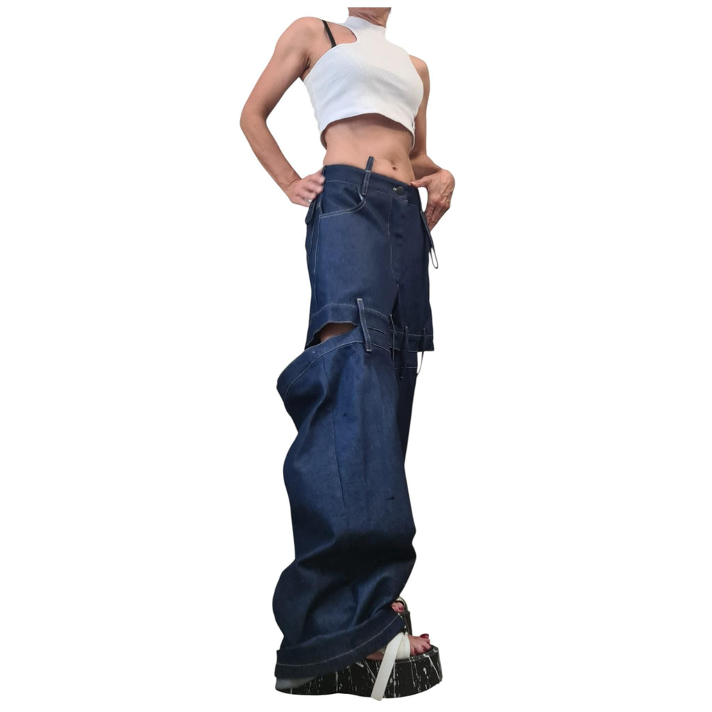 Black Denim Trousers, Deconstructed Wide Leg Jeans, Oversized Women Clothing
