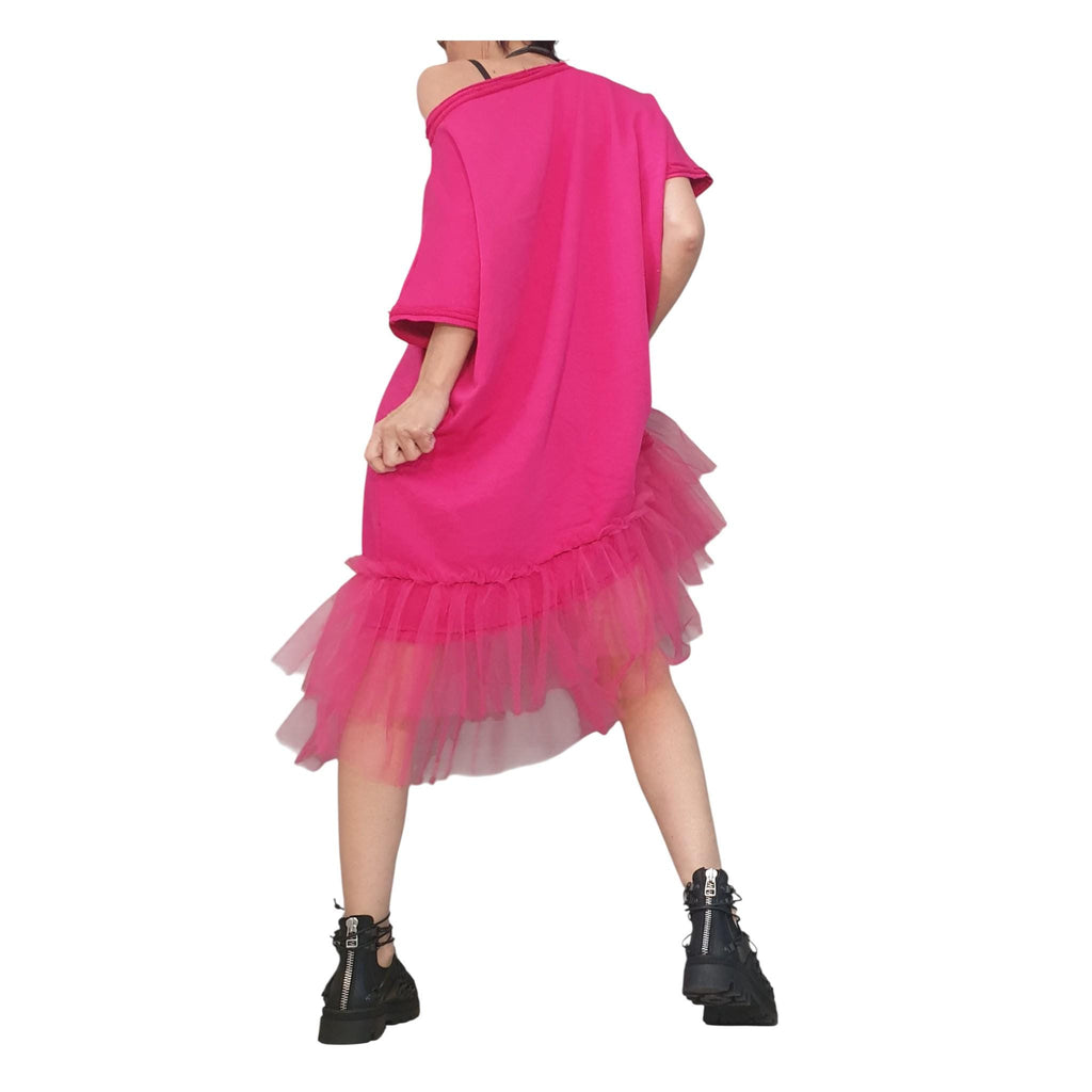 Fuchsia Asymmetrical Tulle Tunic, Cotton Avant Garde Dress, Loose Fit Plus Size Women