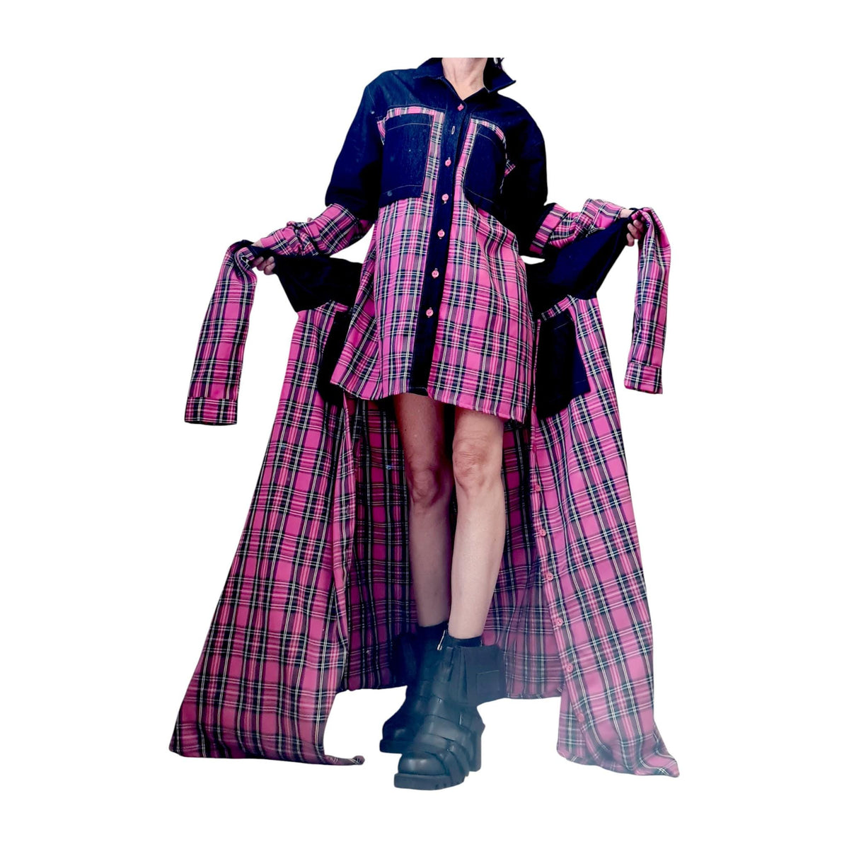 Pink Plaid Deconstructed Shirt Dress for Women, Asymmetric Layered Tunic, Avant Garde Oversize Shirt