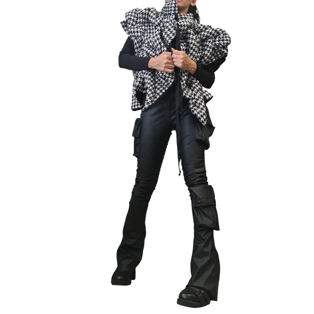 Black White Houndstooth Puffer Vest, Oversized Asymmetric Gilet, Quilted Sleeveless Winter Jacket