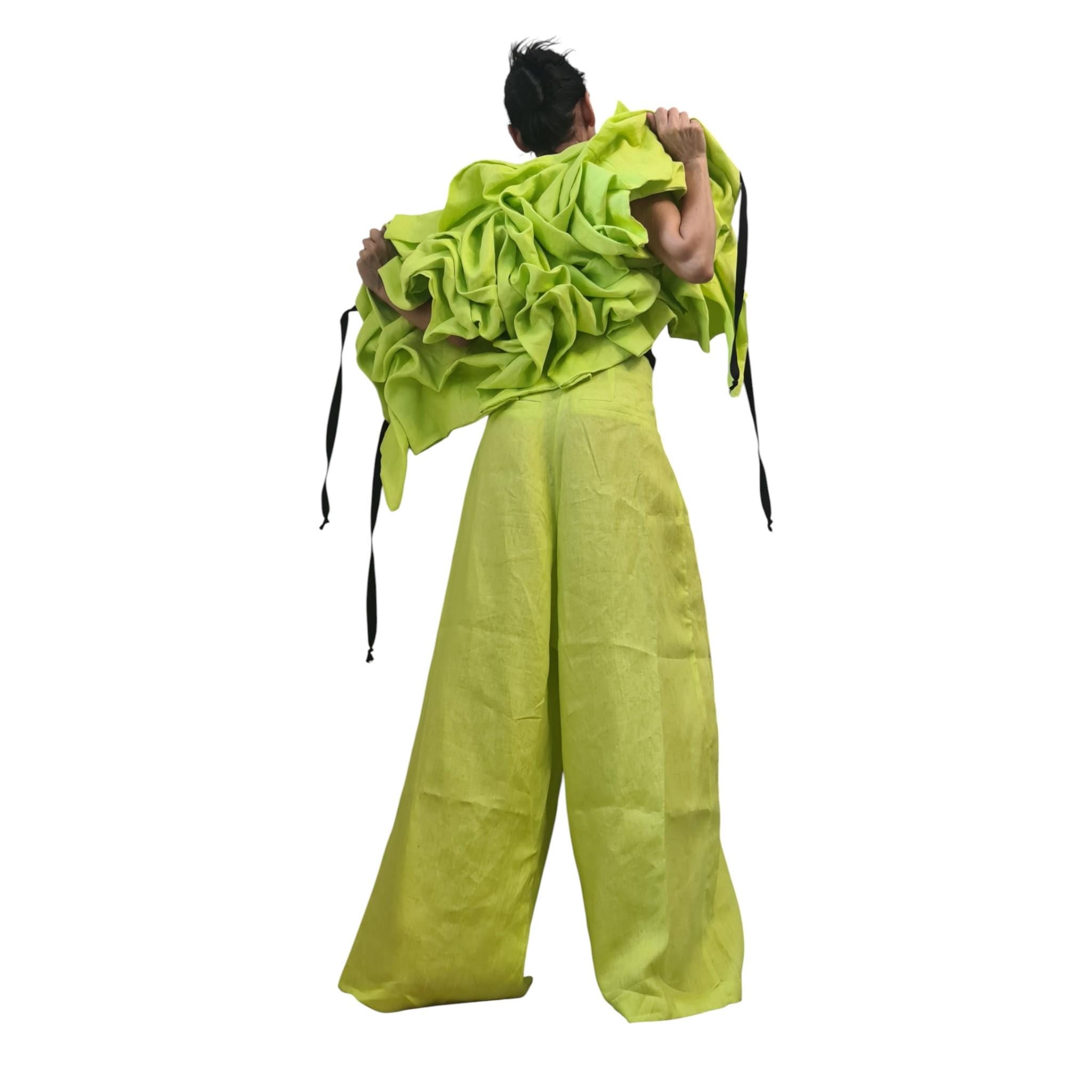 Lime Green Linen Short Jacket, Asymmetric Sleeveless Jacket