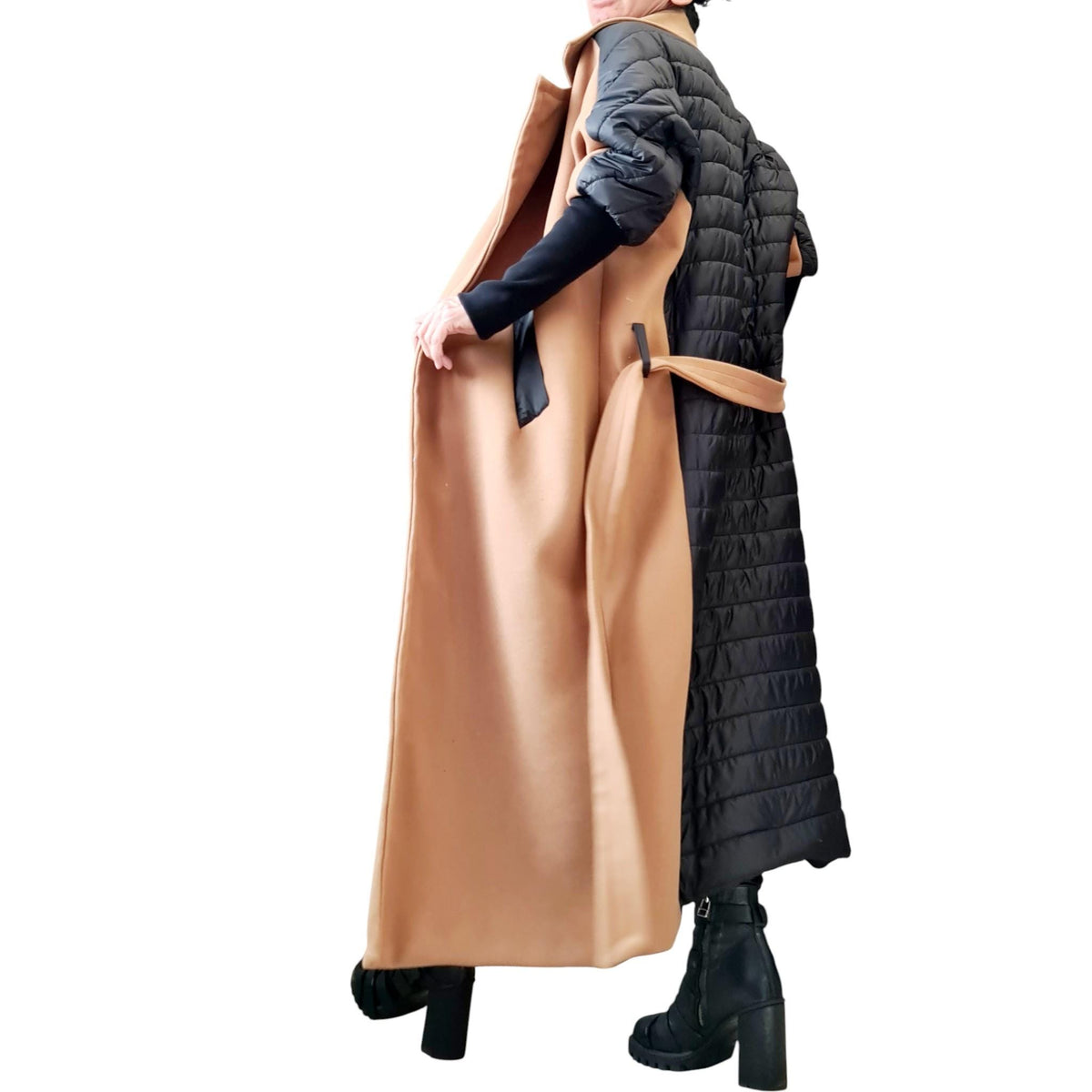 Beige and Black Asymmetrical Maxi Coat, Quilted Back Panel, Belted Long Winter Overcoat