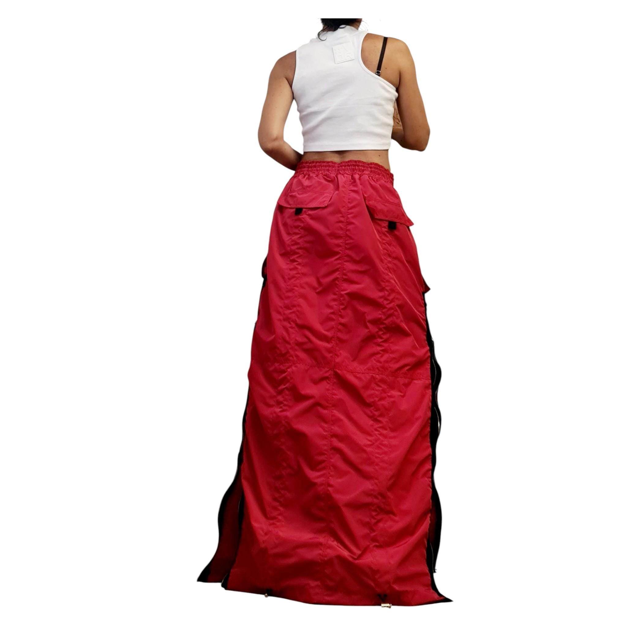 Red Maxi Cargo Skirt with Zippers, Oversized Avant Garde Clothing, Techwear Festival Outfit