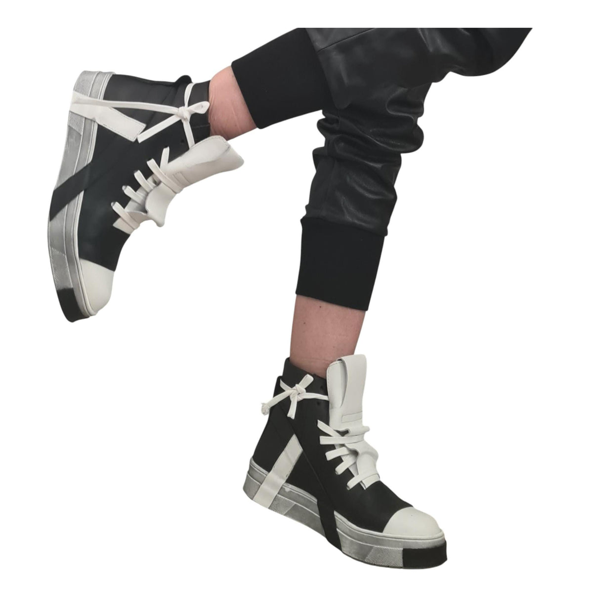 Black White Leather High Top Sneakers, Lace Up Platform Shoes, Handmade Extravagant Footwear