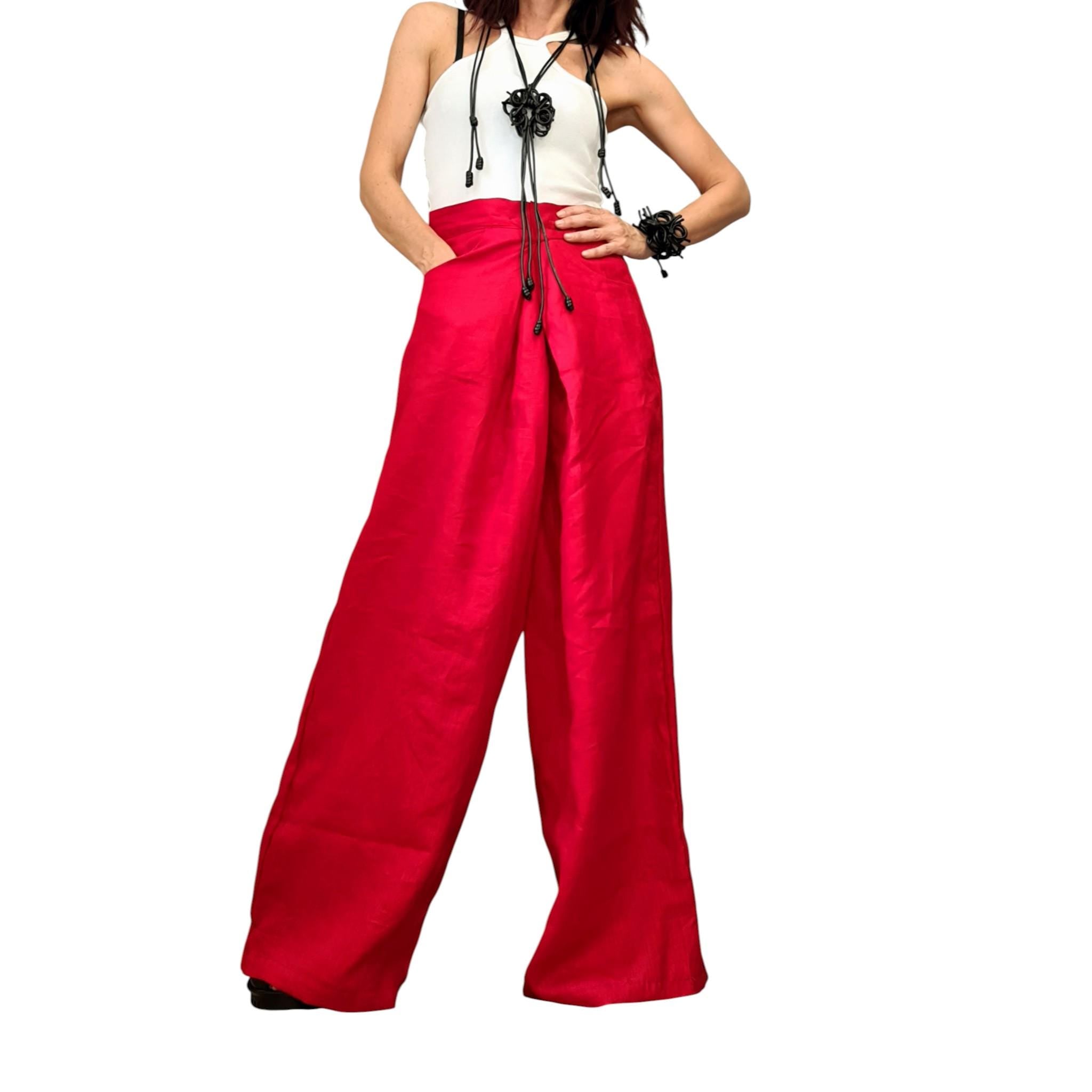 Red Wide Leg Linen Pants, Adjustable Waist Wrap Design, Avant Garde Oversized Trousers