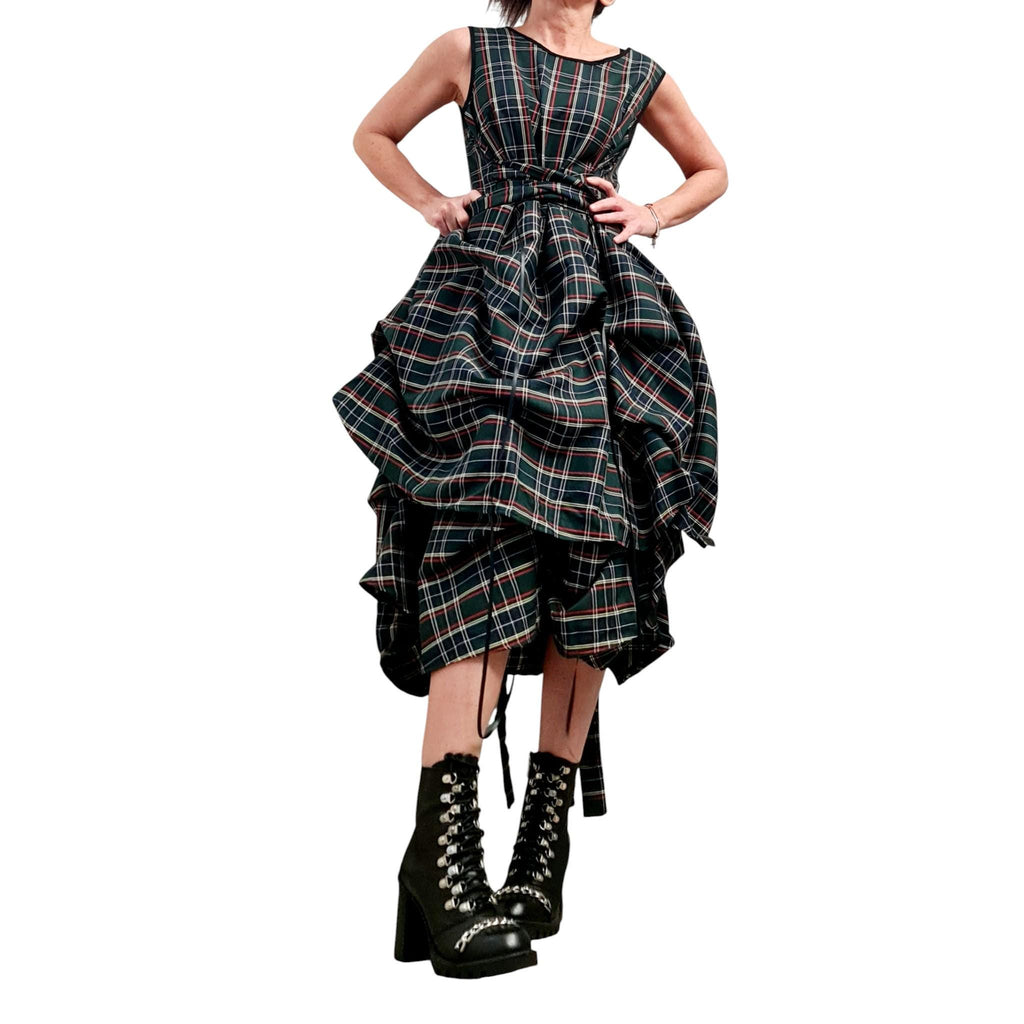 Dark Green Tartan Asymmetric Gown | Sleeveless Knee-Length Dress with Adjustable Skirt