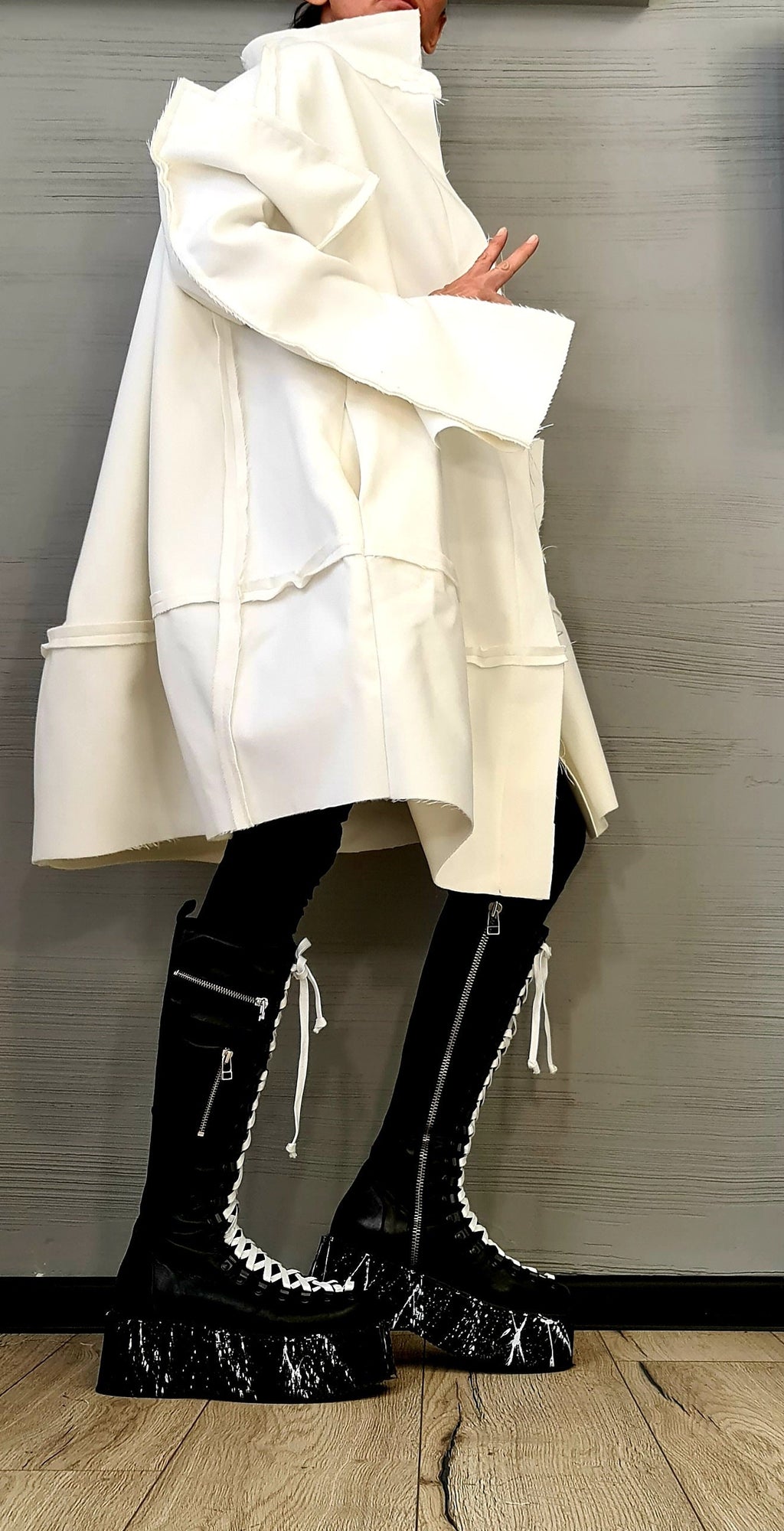 Ivory Oversized Wool Coat, Plus Size Loose Jacket, High Collar Winter Outerwear