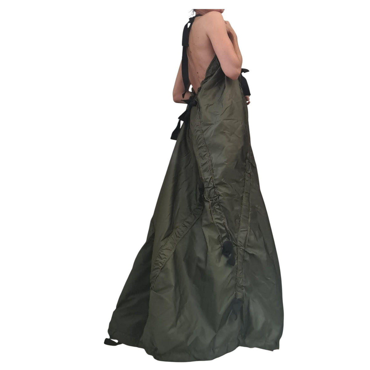 Military green Maxi Dress, Bare back, Sleeveless Extravagant Dress