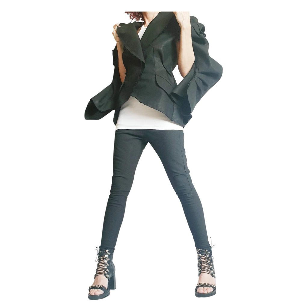 Asymmetric Black Denim Avant Garde Blazer Jacket for Women, Futuristic Deconstructed Fitted Style