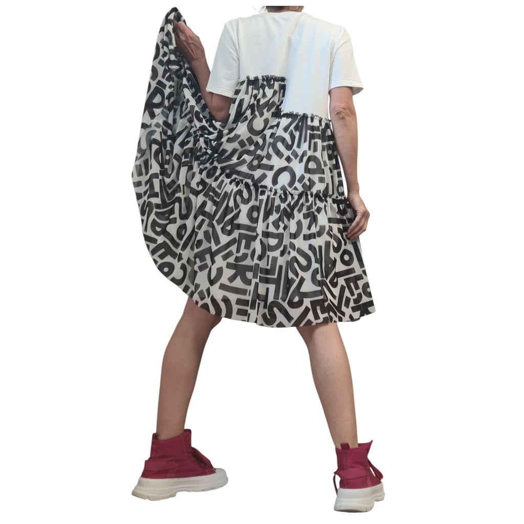 Asymmetrical Tunic for Women, Cotton Dress with Graffiti Tulle, Plus Size