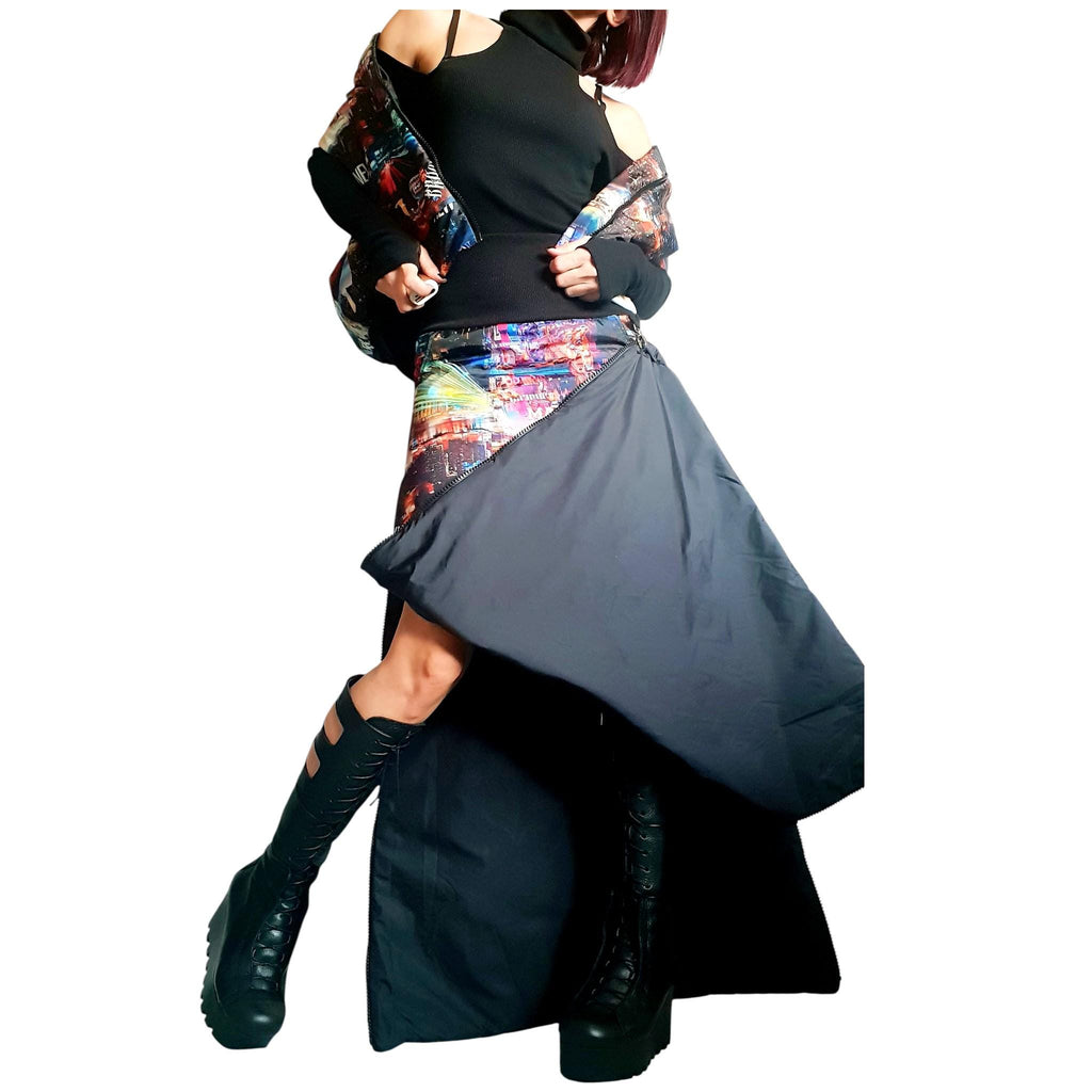 Asymmetric Winter Skirt, New York City Print, Gothic Style A-Line Skirt