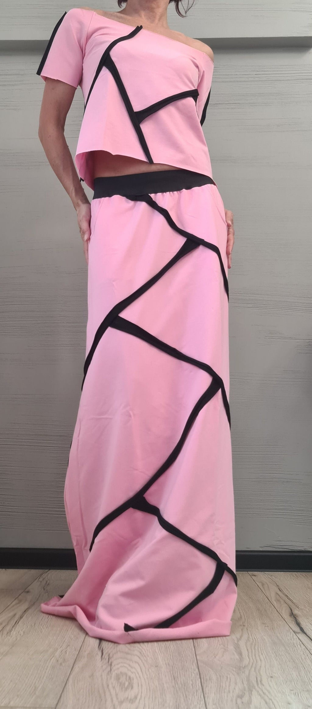 Pink Cotton High Waist Maxi Skirt, Asymmetrical Cropped Blouse, Contrast Trim, Two-Piece Co-Ord Set
