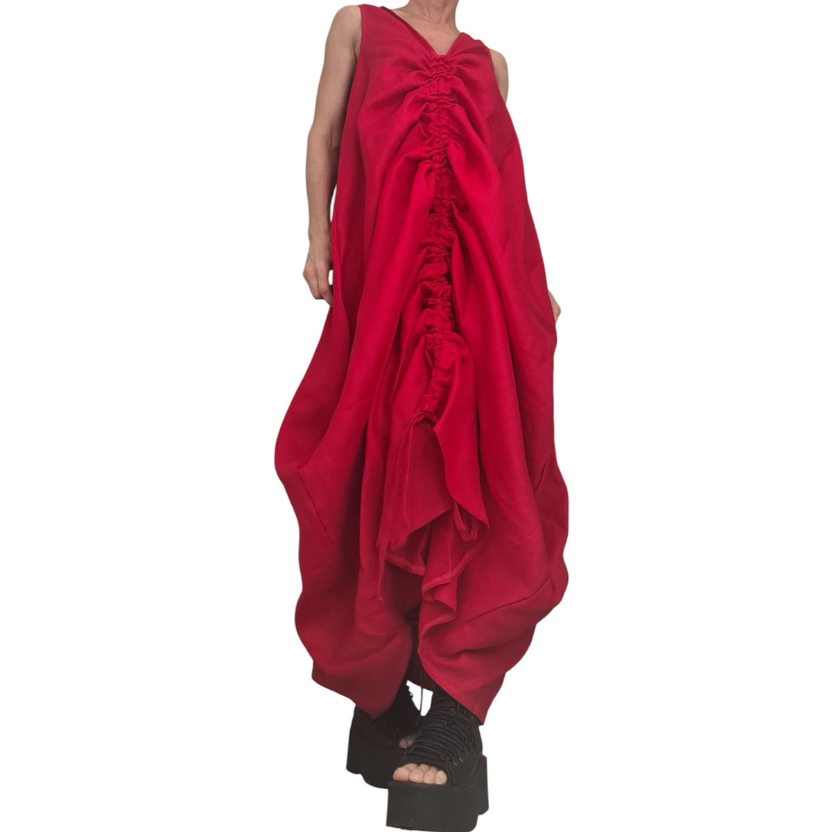 Red Linen Maxi Dress, Corset Detail, Sleeveless Oversized Kaftan, Dress for women