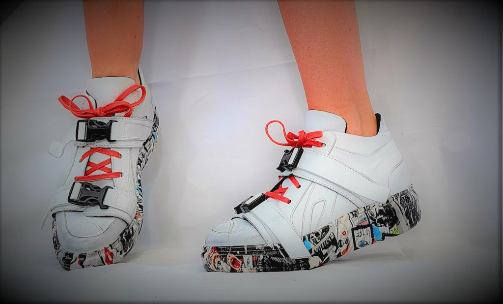 White Leather Sneakers, Grunge Trainers, Colored Sole Women Shoes