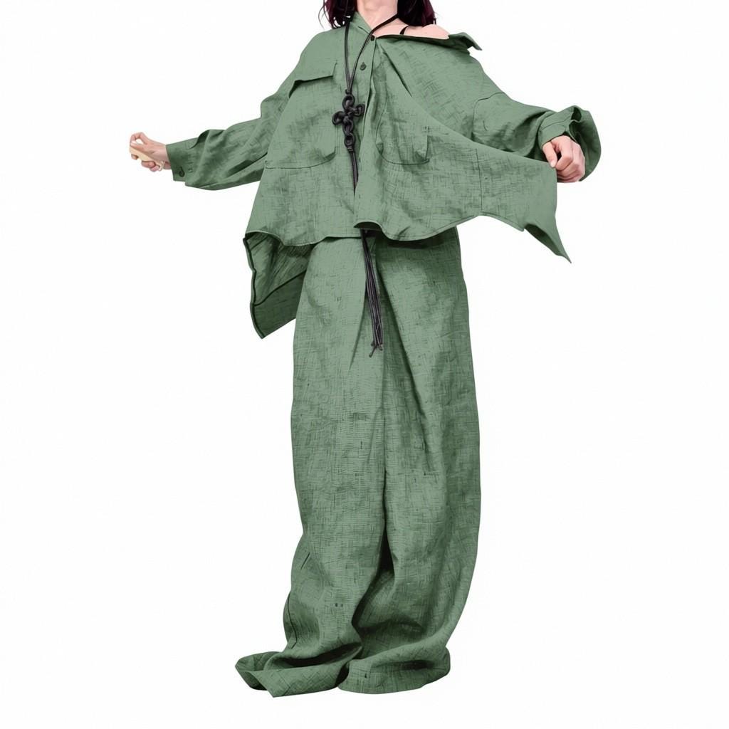 Olive Linen Boho Set, One Shoulder Open Back Top, Wide Leg Pants