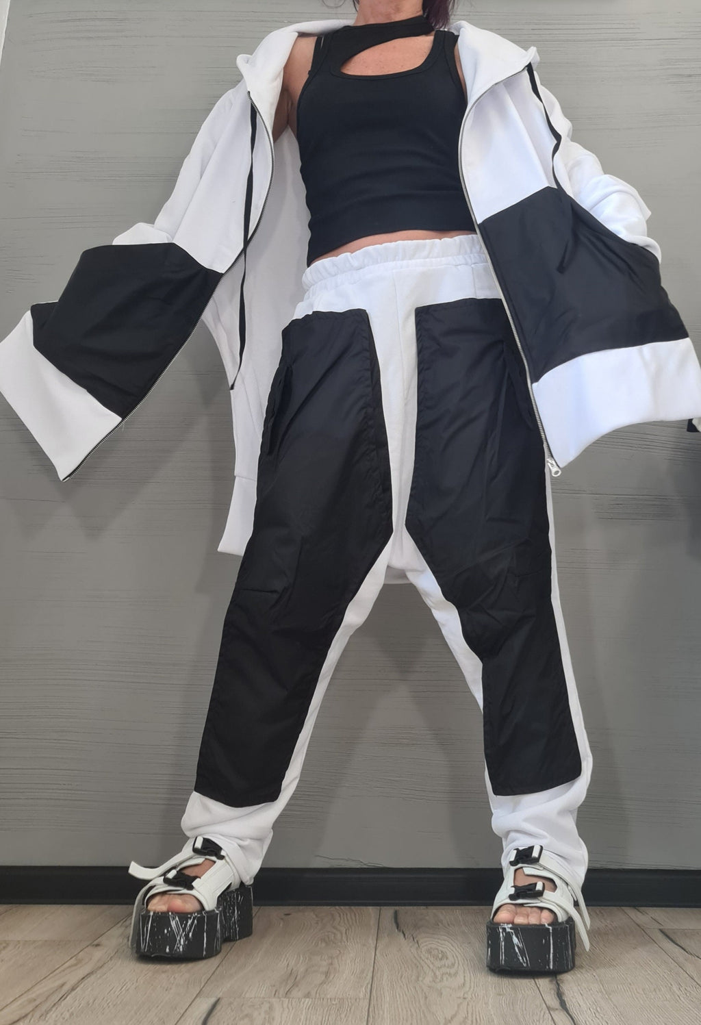 Black White Cotton Drop Crotch Pants, Asymmetrical Zip Hoodie, Contrast Panels, Two-Piece Co-Ord Set