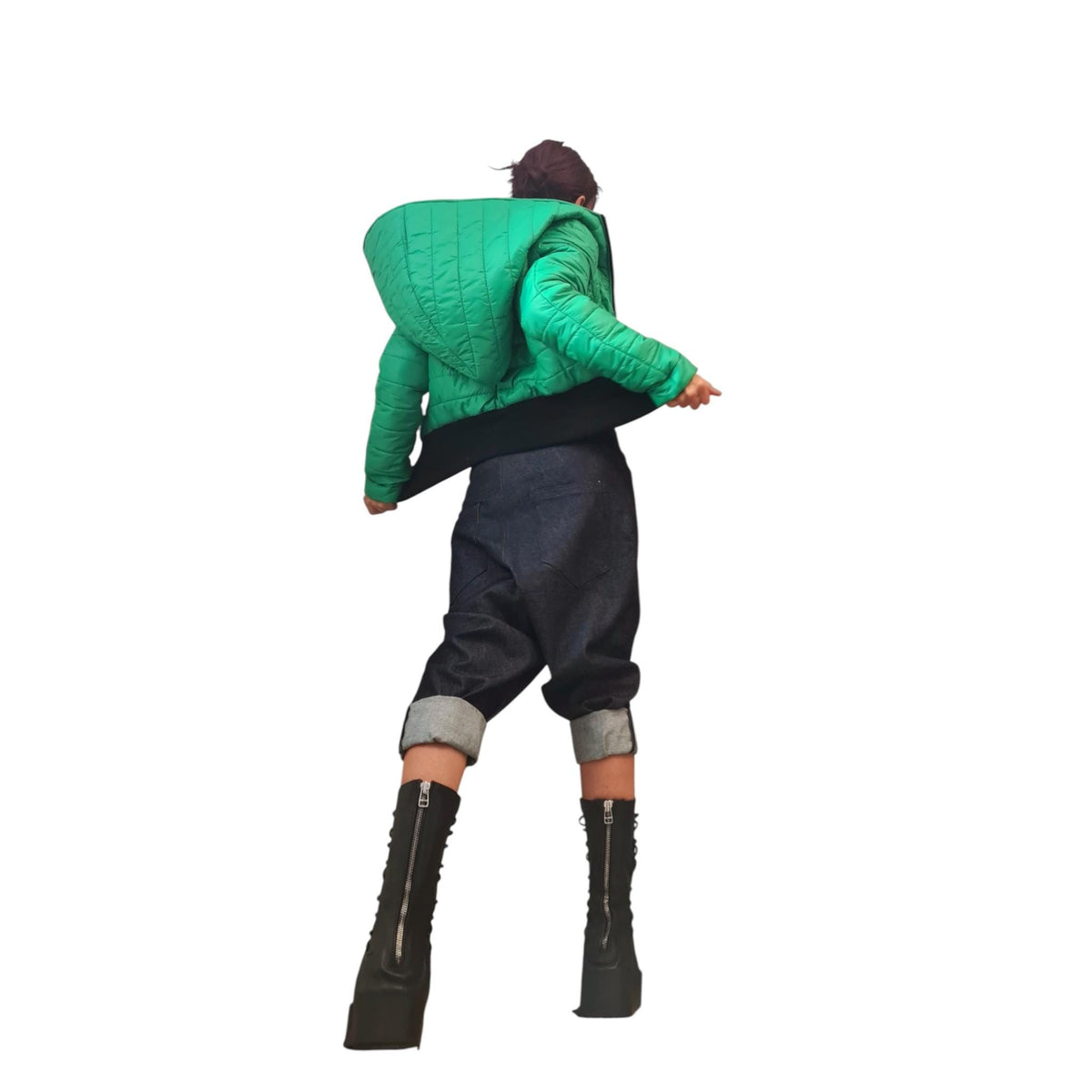 Green Cropped Puffer Jacket, Oversized Big Hood Bomber, Quilted Short Winter Coat