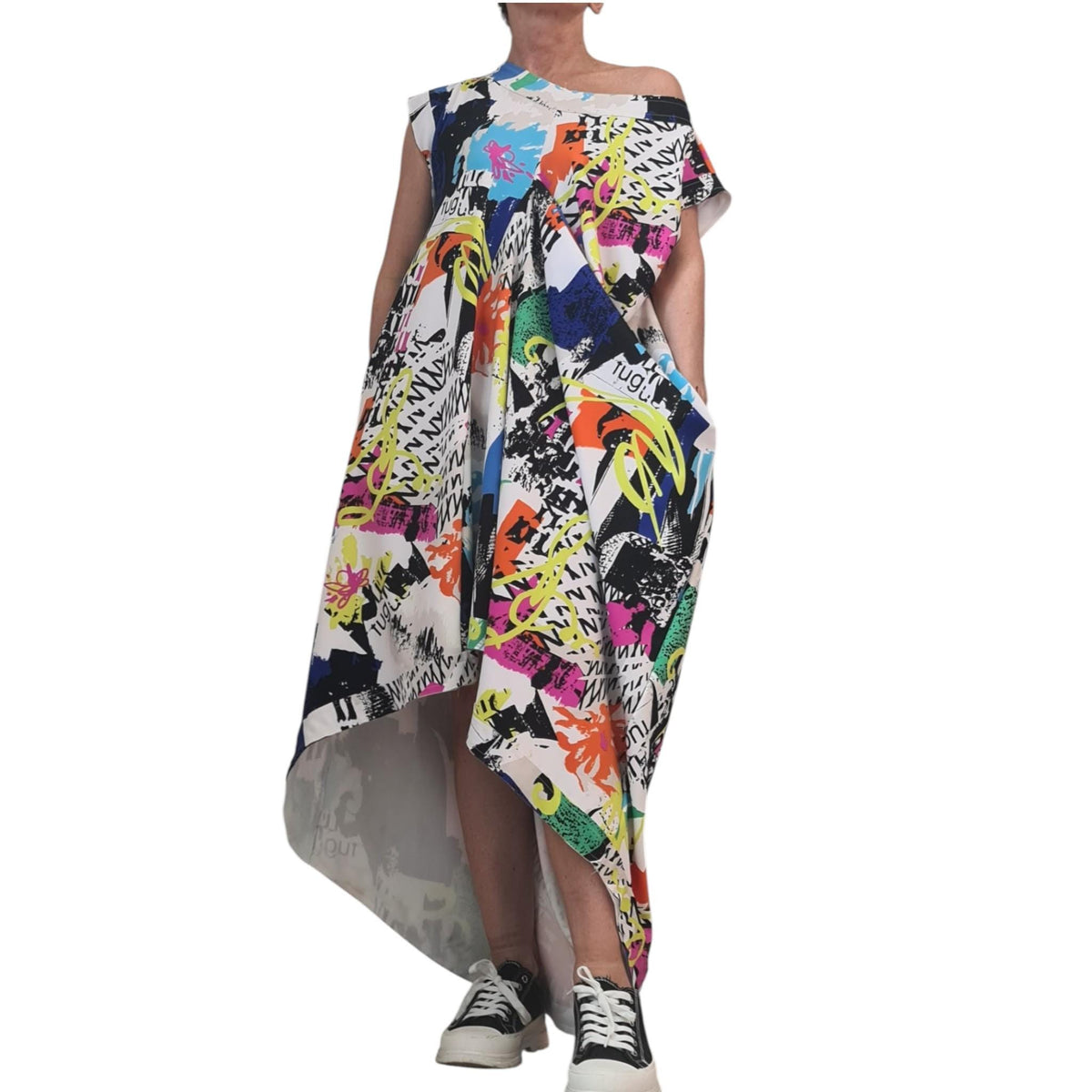 One Shoulder Graffiti Dress: Oversized Cotton with Pockets