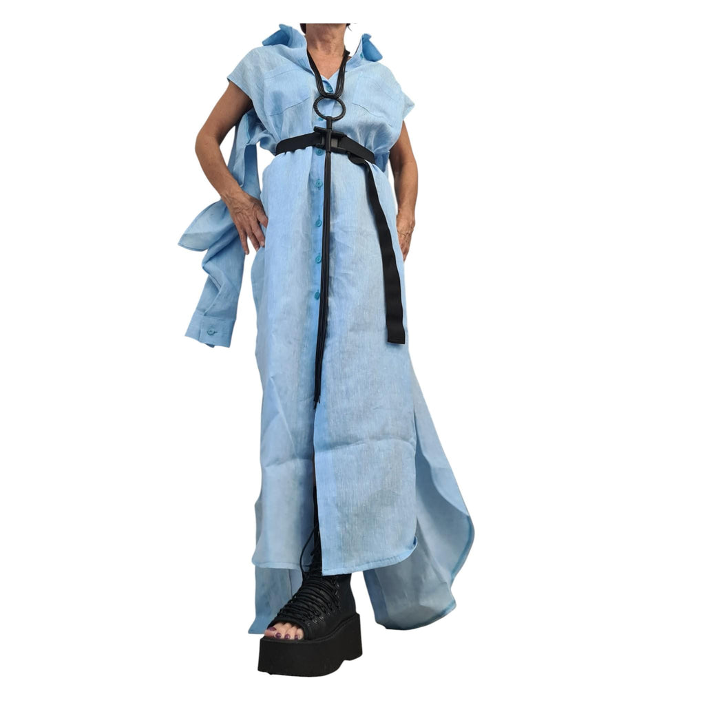 Baby Blue Linen Shirt, Long Asymmetric Kaftan, Open Back, Maxi Loose Summer Oversized Dress