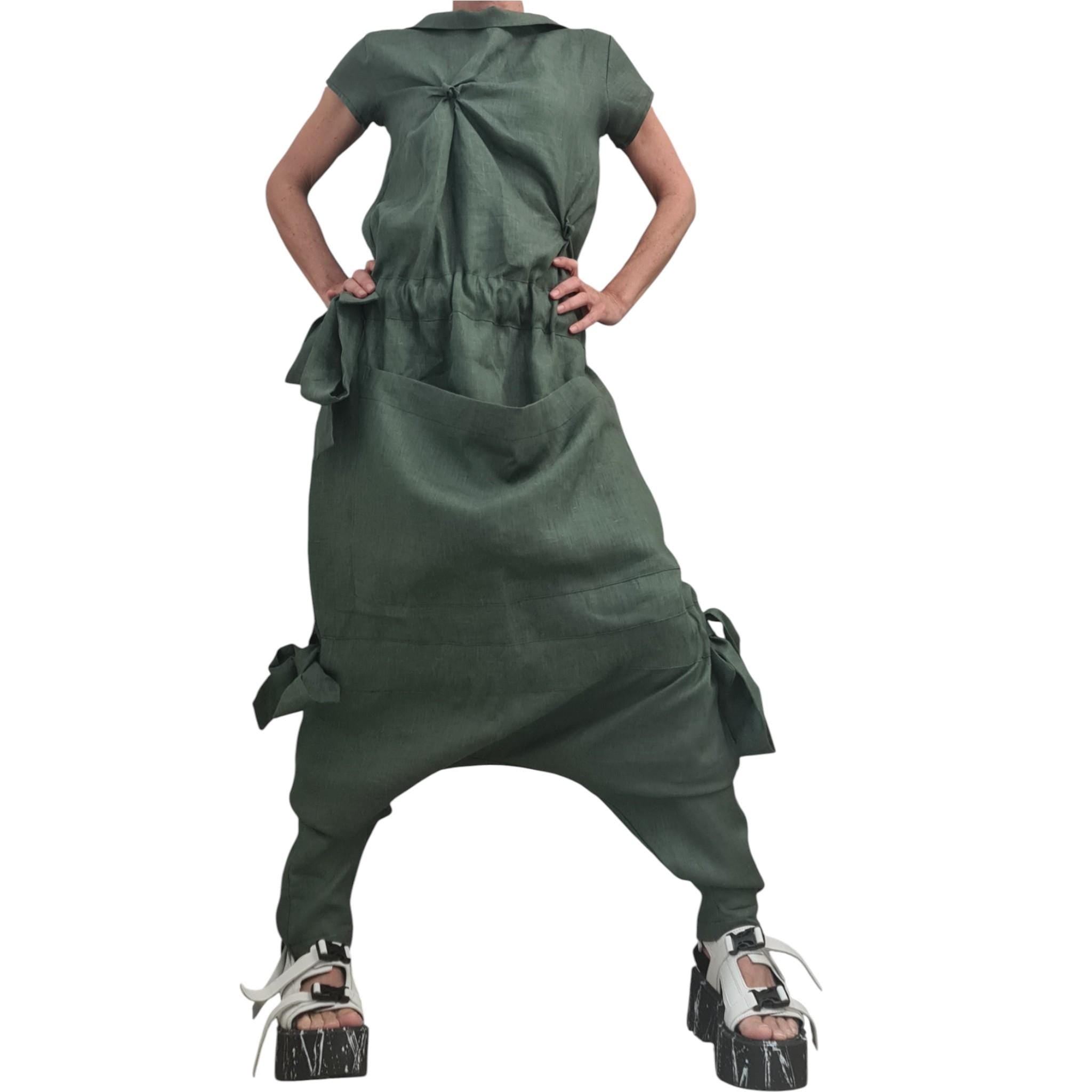 Olive Oil Asymmetric Linen Woman Jumpsuit, Wide Leg Harem Sleeveless Loose Overall