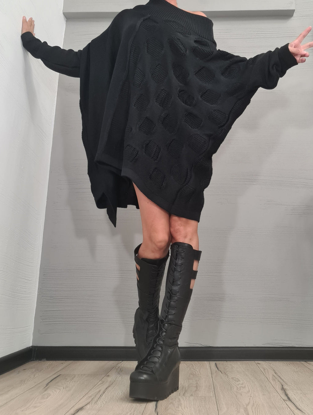 Black Asymmetrical Knitted Tunic, Oversized Long Sleeve Sweater, Plus Size Top
