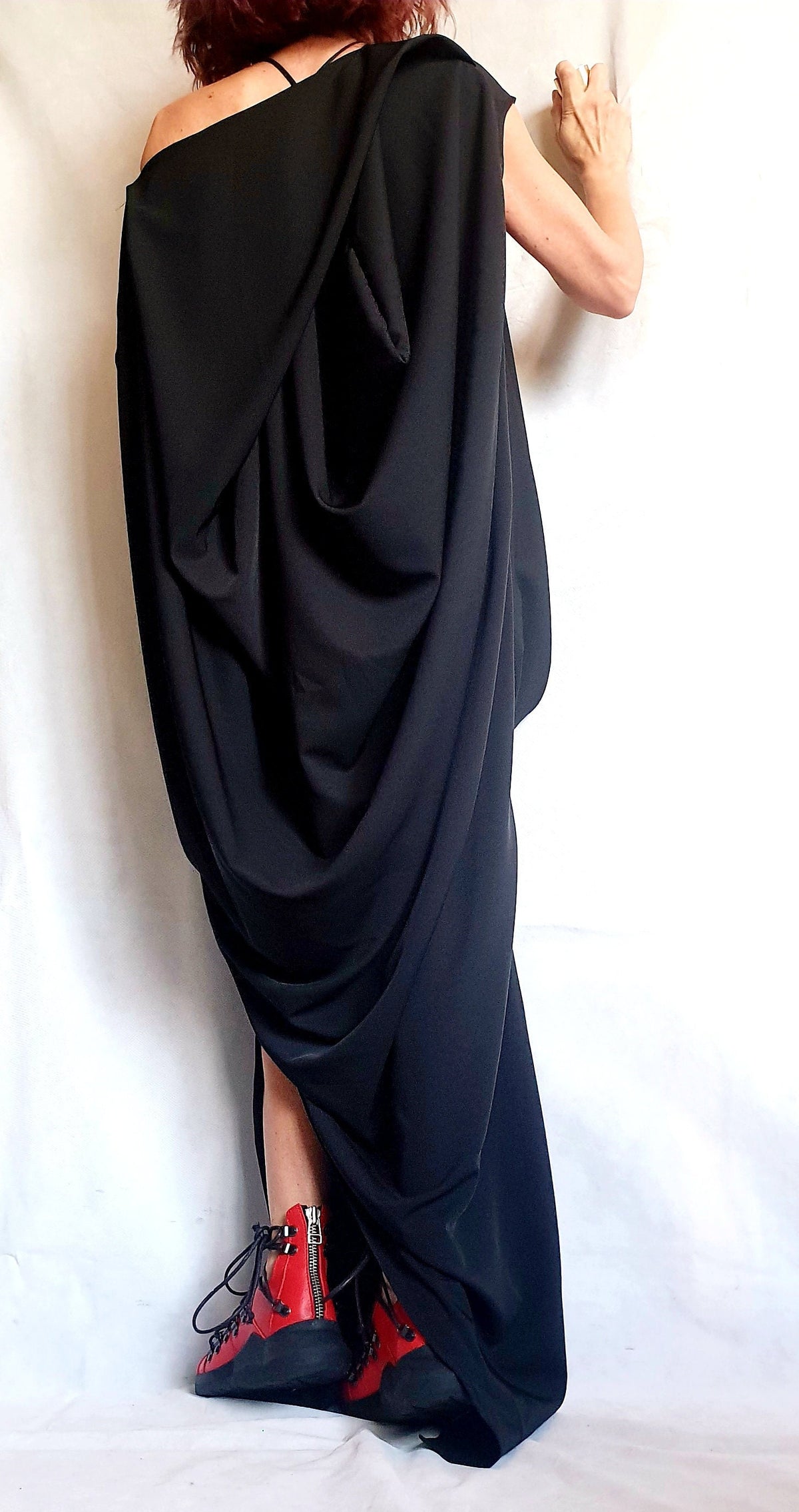 Black One Shoulder Maxi Dress, Avant Garde Draped Plus Size Clothing