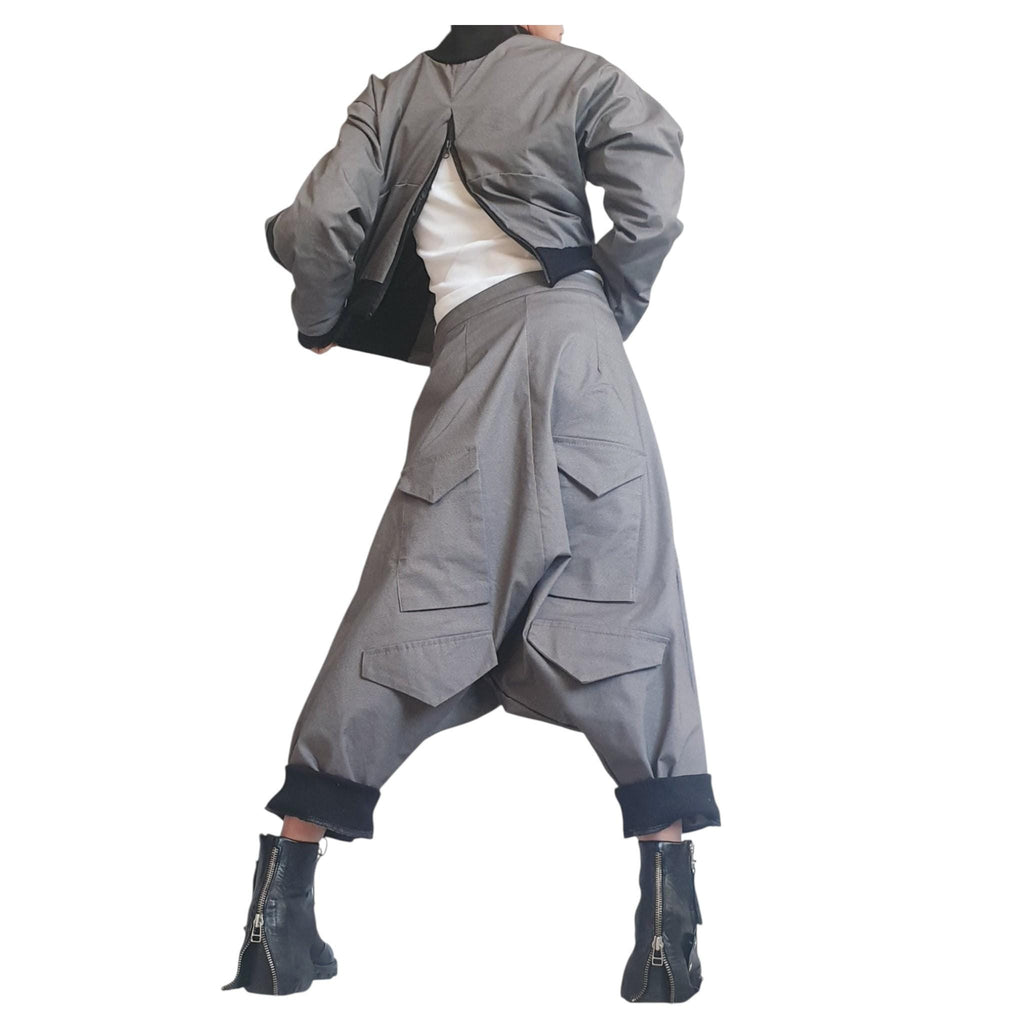 Grey Cropped Winter Bomber Jacket, Off Shoulder Neckline, Back Zip Opening