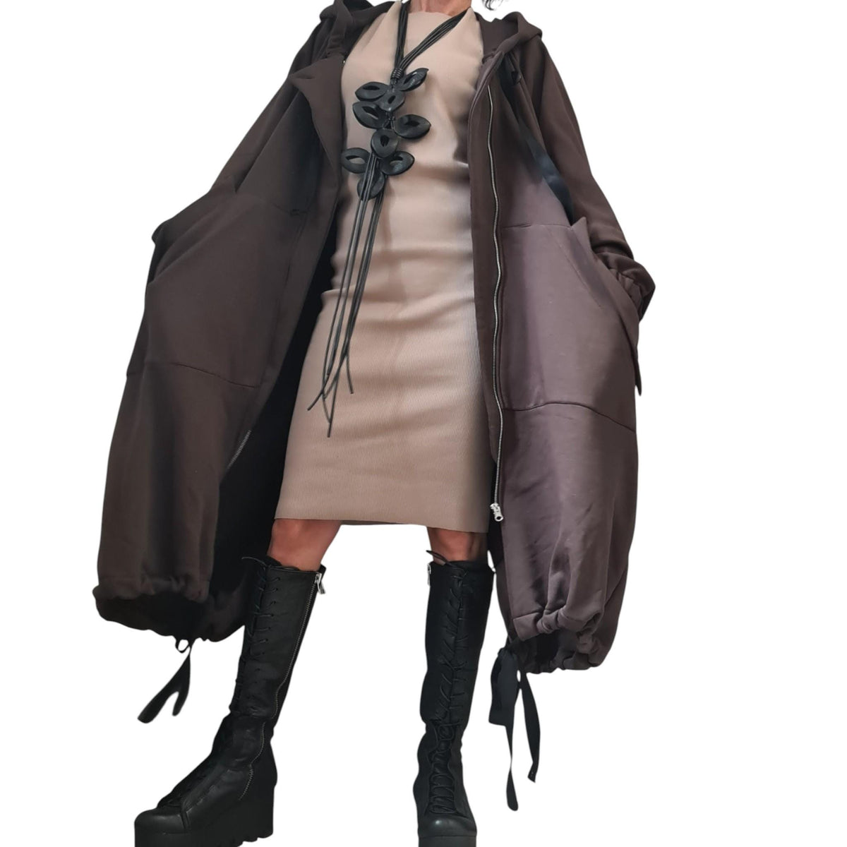 Brown Oversized Hooded Sweatshirt, French Terry Jacket with Overlapping Open Back