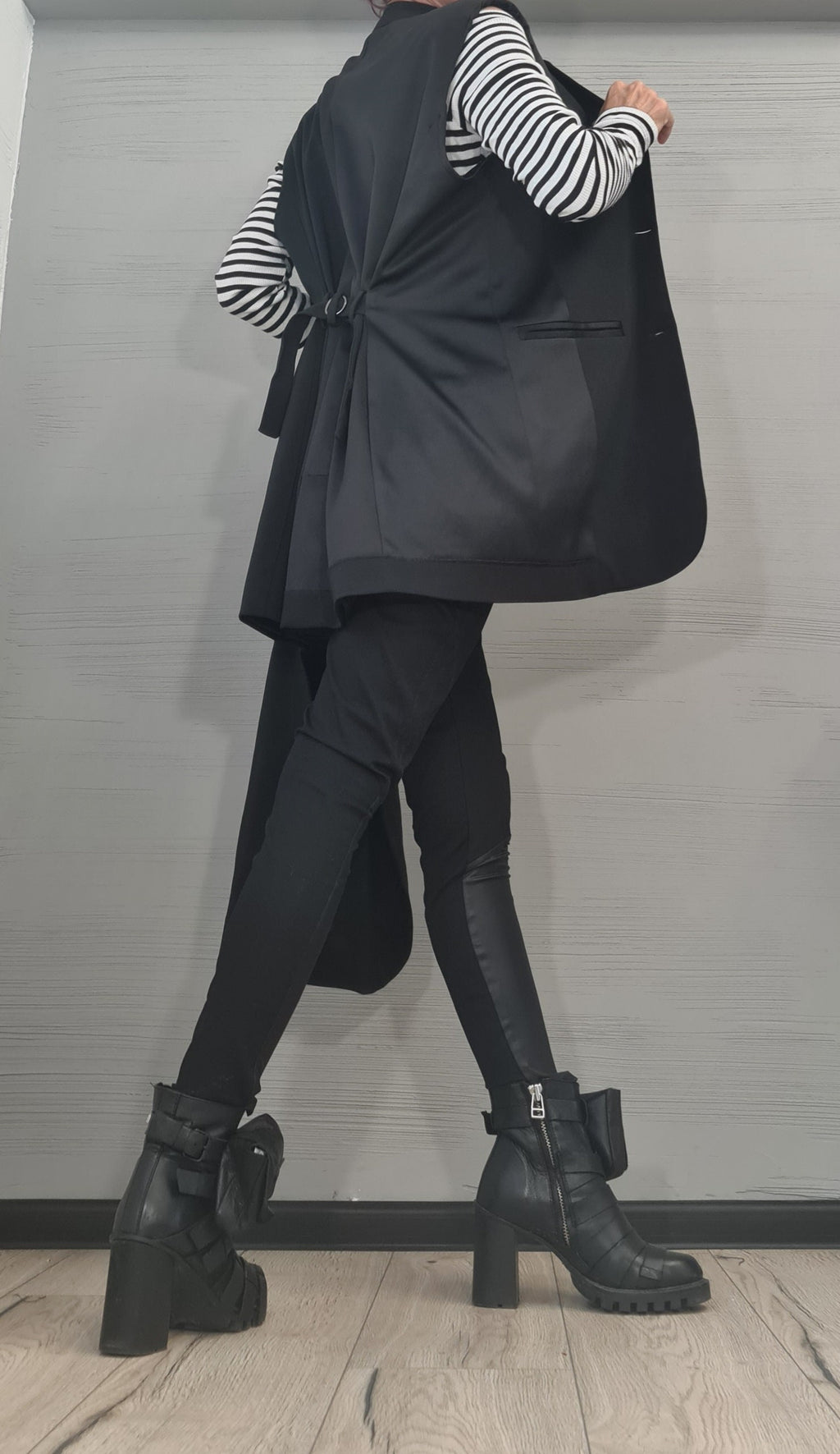 Black Asymmetrical Oversized Vest, Sleeveless Draped Jacket, Extended Side Panel, Waist Tie