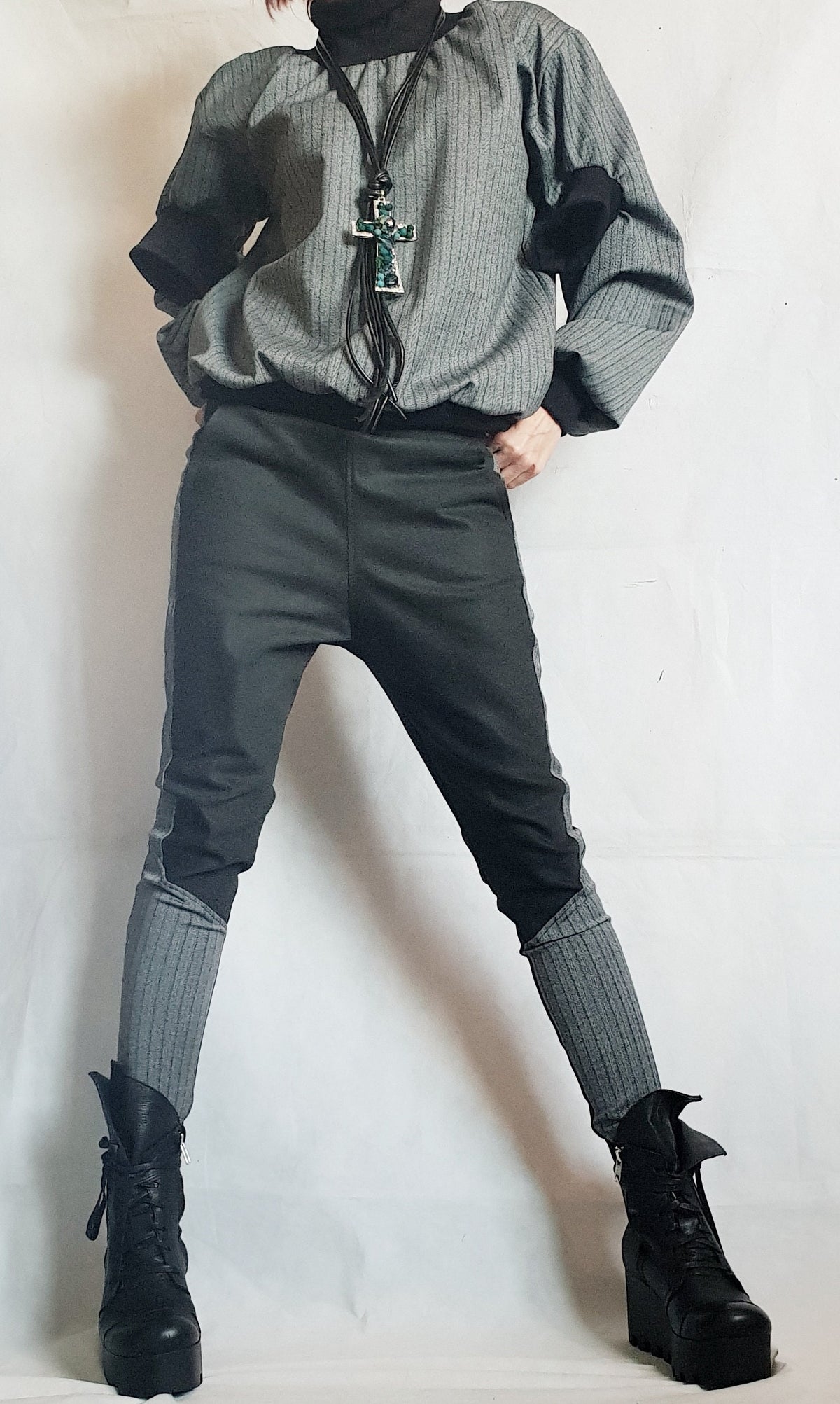 Black Drop Crotch Leggings, Tapered Leg Pants, Cotton Stretch Trousers