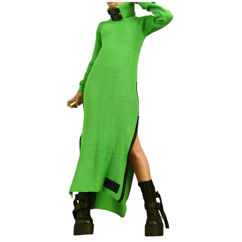 Green Lime Green Asymmetric Knitted Maxi Dress, Long Sleeves, High Turtleneck
