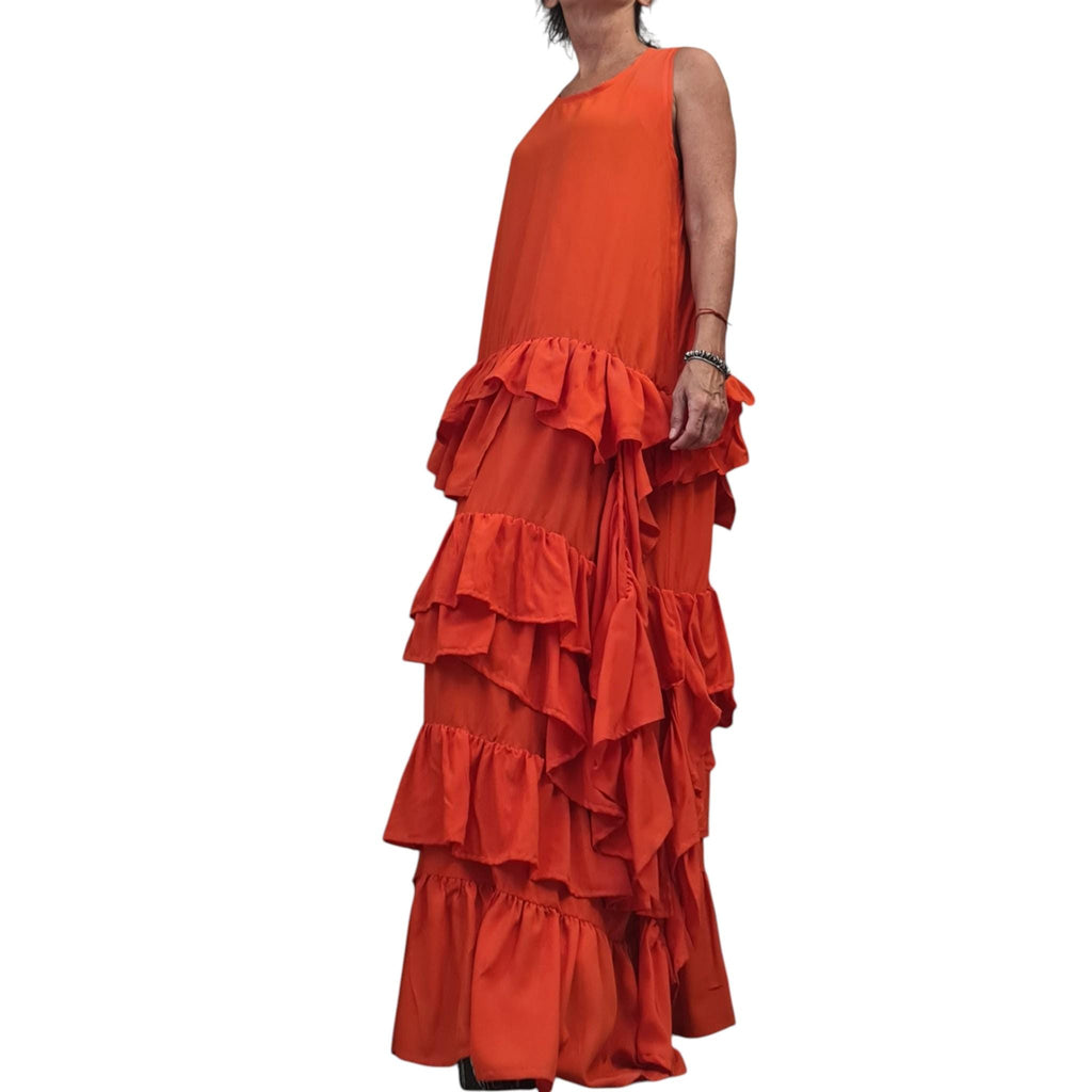 Orange Maxi Kaftan, Tiered Ruffle Dress, Sleeveless Resort Gown, Oversized Designer Clothing
