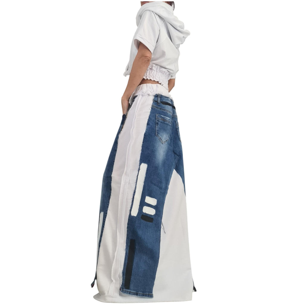 Avant-Garde White Cotton Denim Maxi Skirt, Plus Size Asymmetrical Skirt, Raw Seams, Deconstructed Silhouette