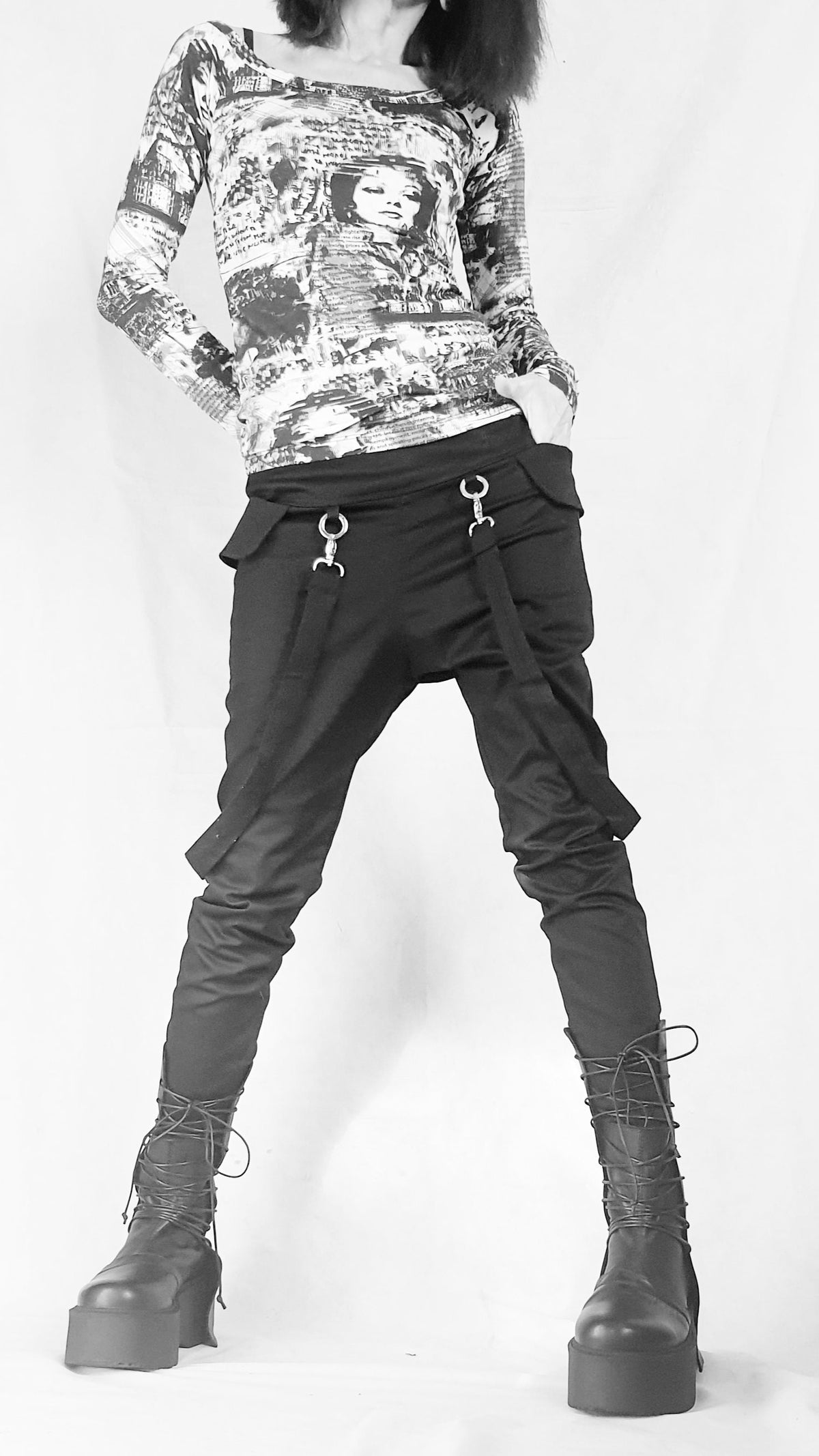 Black Slim Leg Pants, Side Pockets, Decorative Suspenders