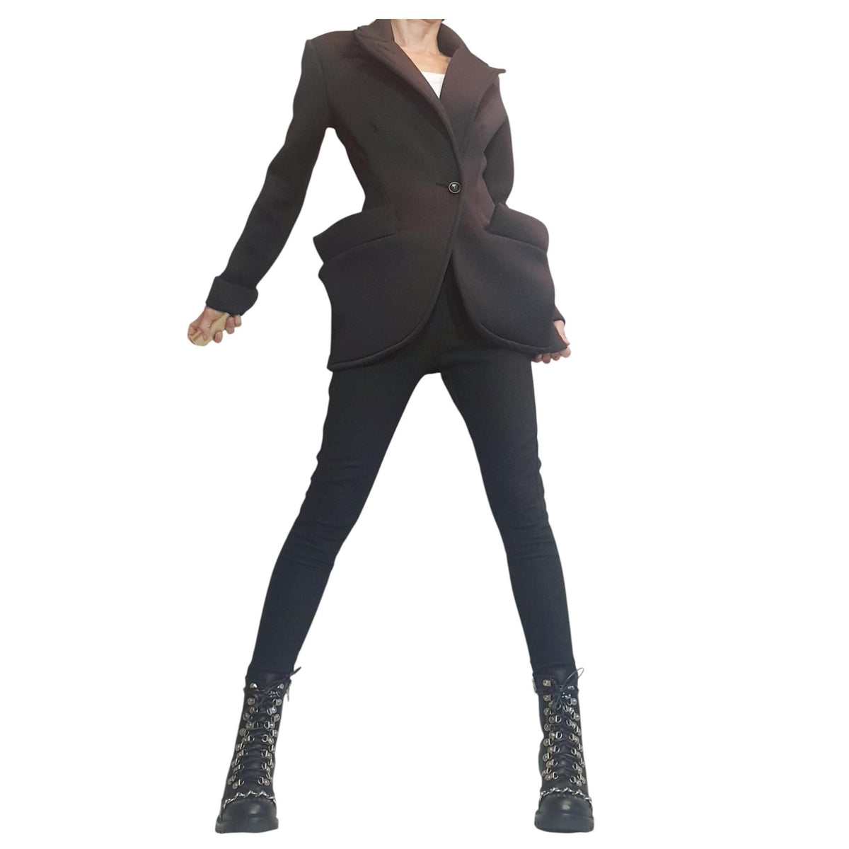 Black Neoprene Coat, Asymmetric Plus Size Blazer Jacket, Voluminous Outer Pockets