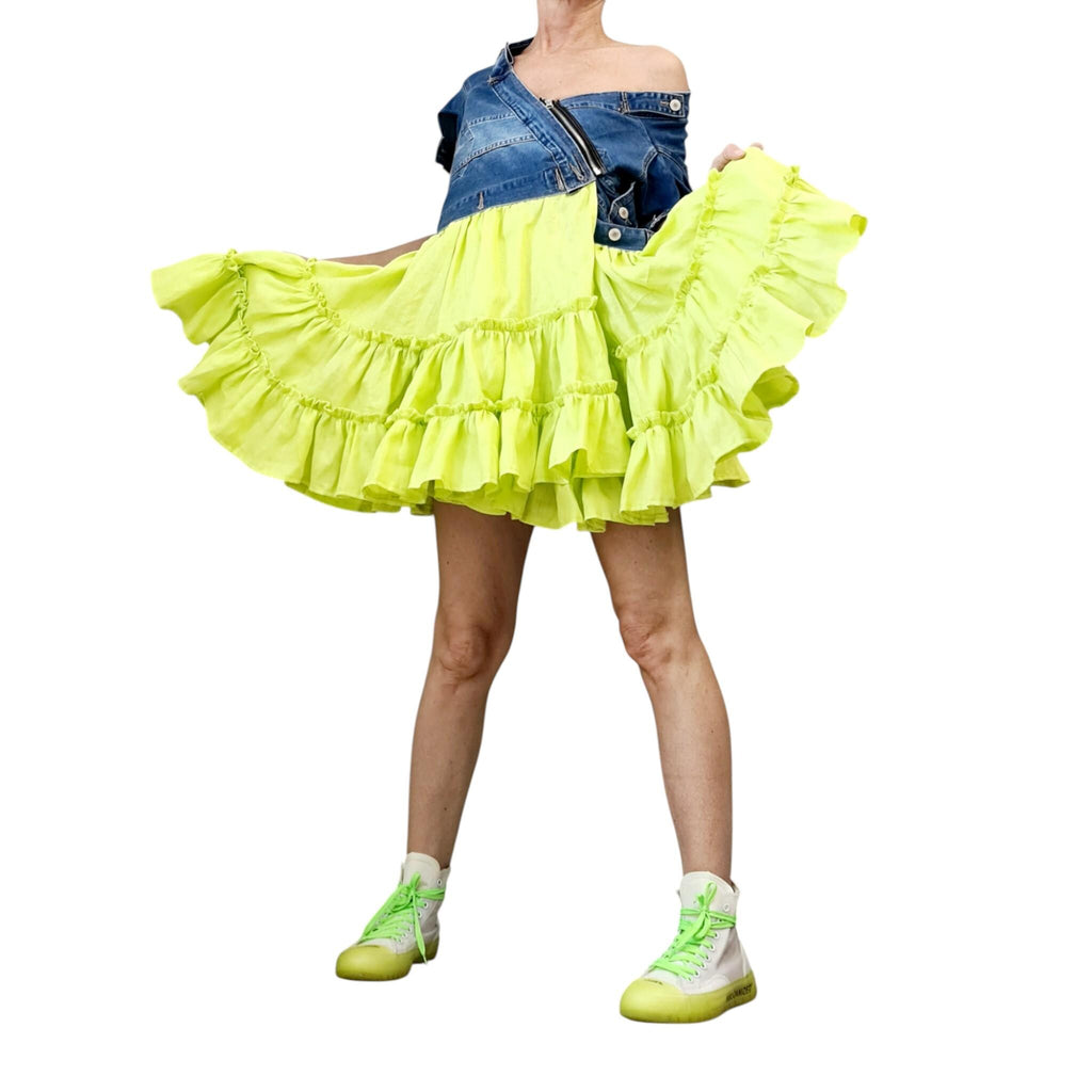 Lime Denim Linen Dress – Asymmetric Off Shoulder Tunic